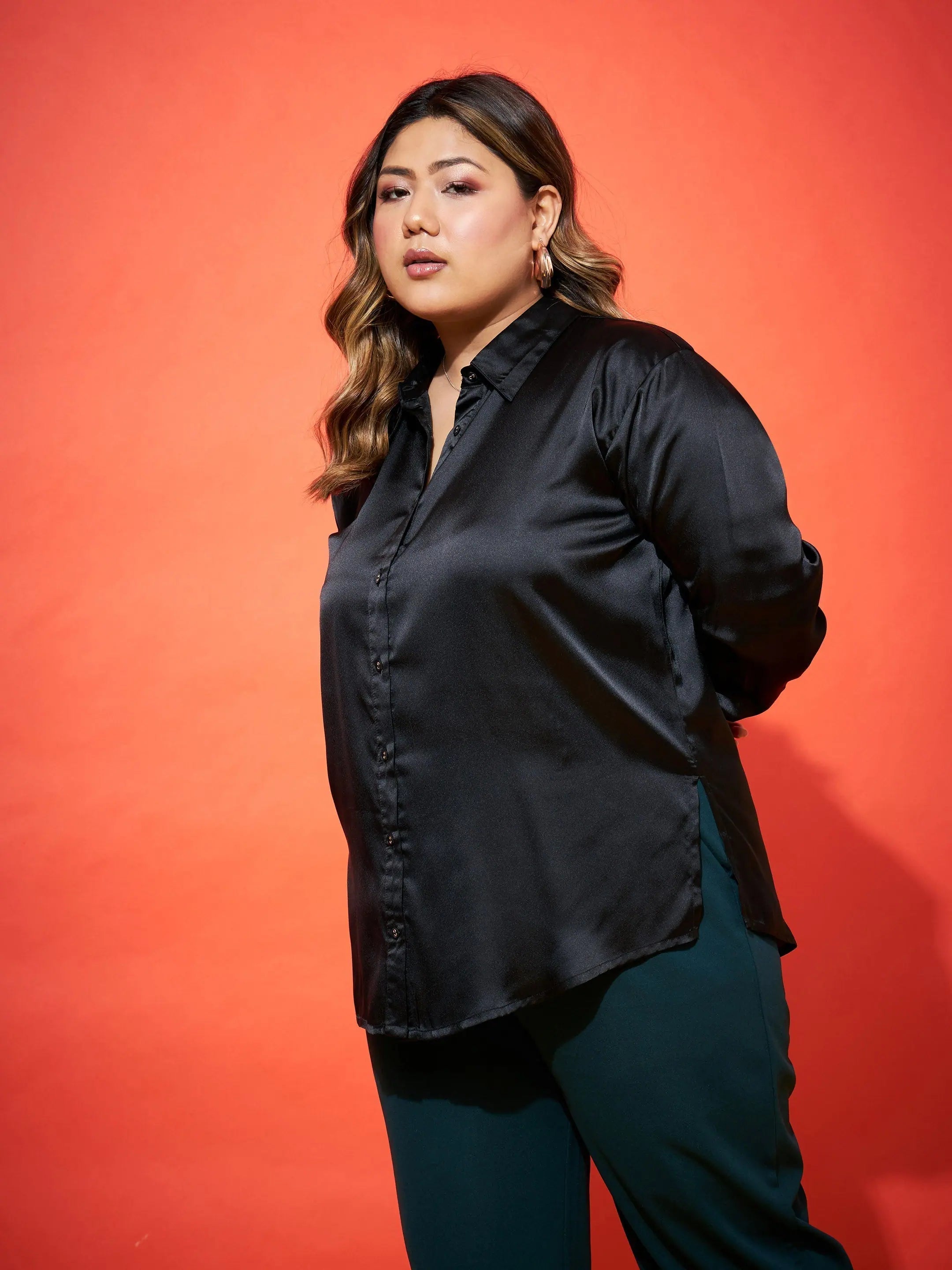 Black Satin Shirt - Women's Regular Comfort Fit Button Down