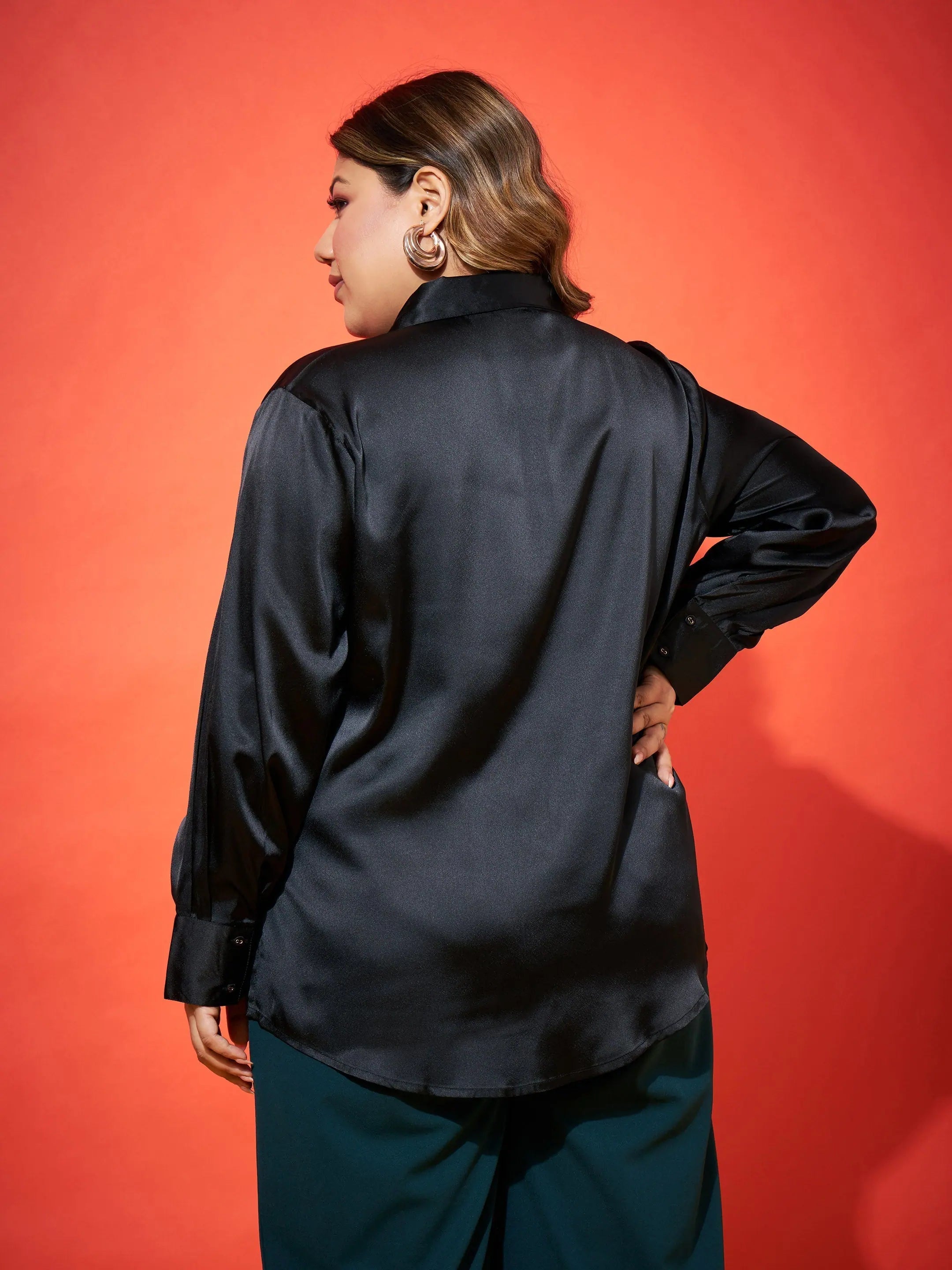 Black Satin Shirt - Women's Regular Comfort Fit Button Down