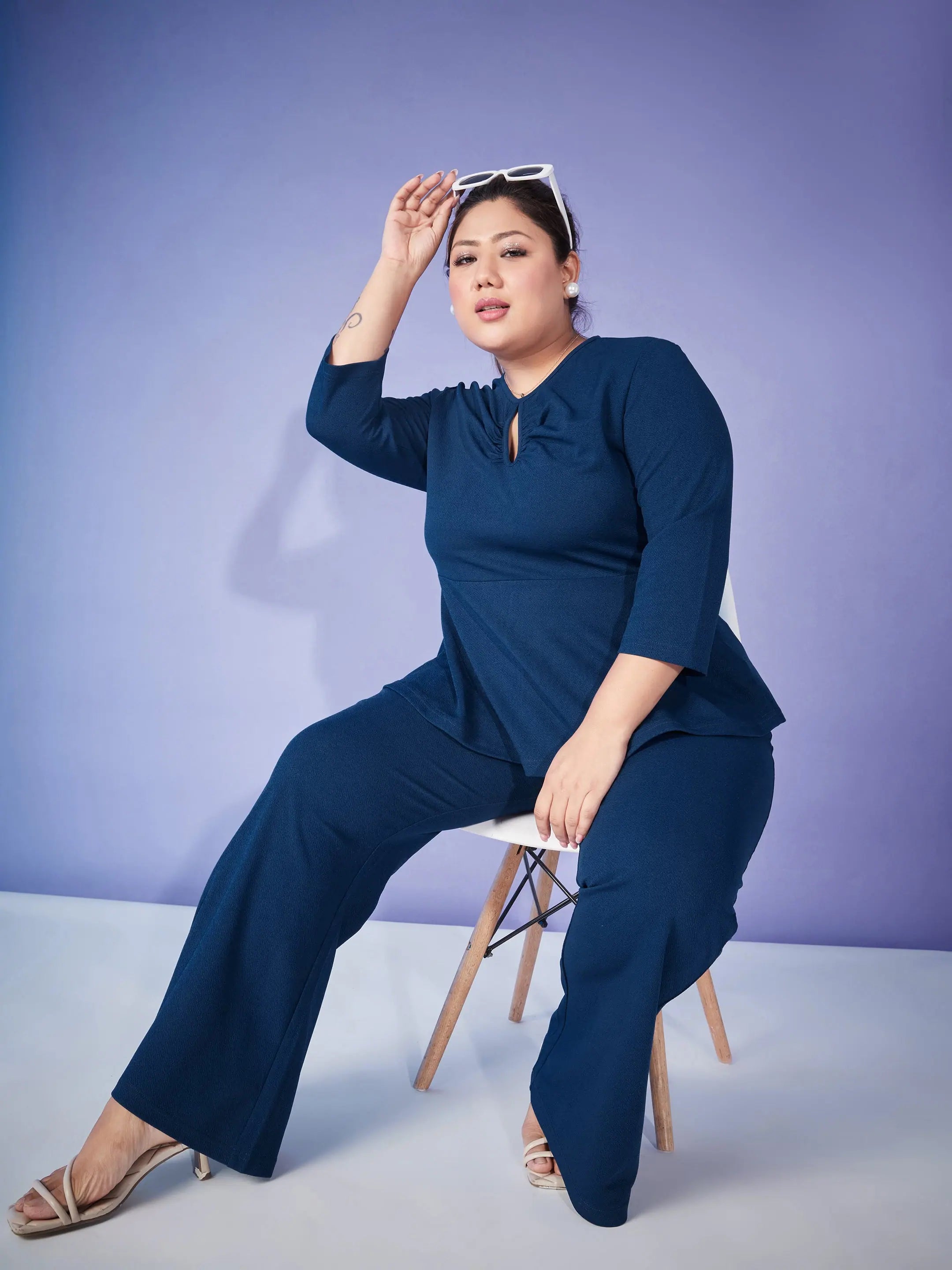 Blue Keyhole Top With Bell Bottom Pants | Stylish Women's Tops