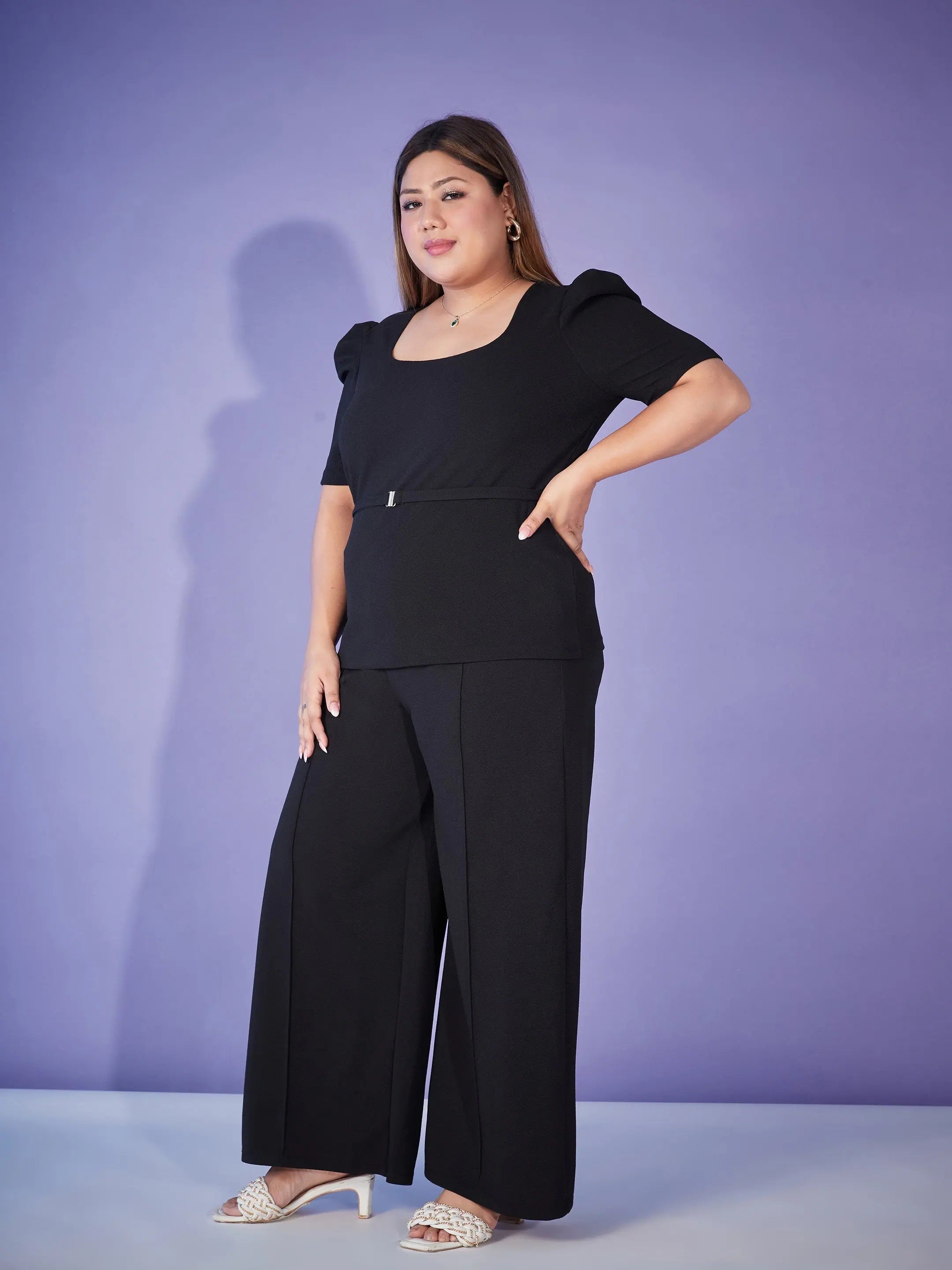 Black Belted Top With Bell Bottom Pants | Women's Blouses Online