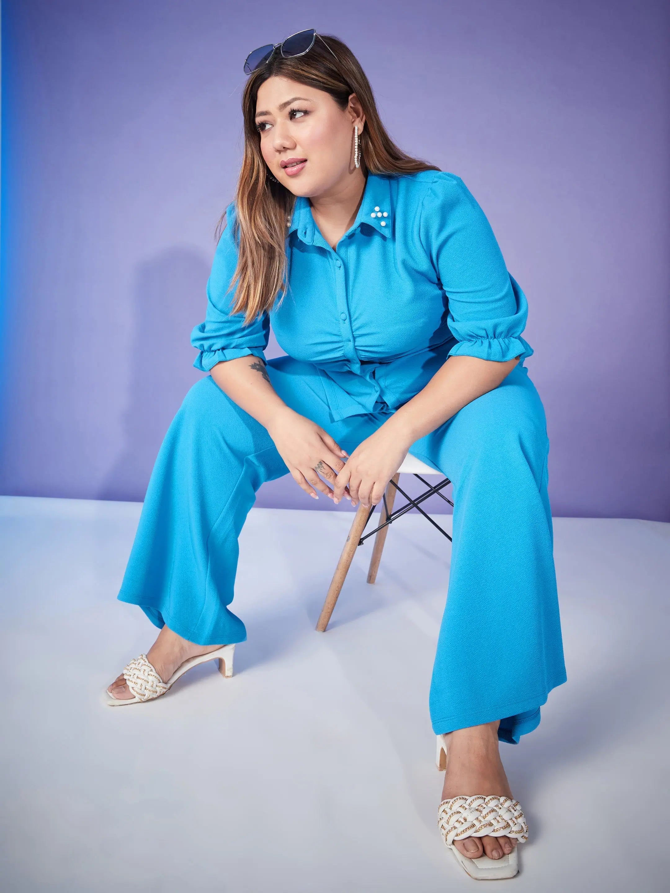 Turquoise Ruched Pearl Shirt & Bell Bottoms | Lehenga for Women