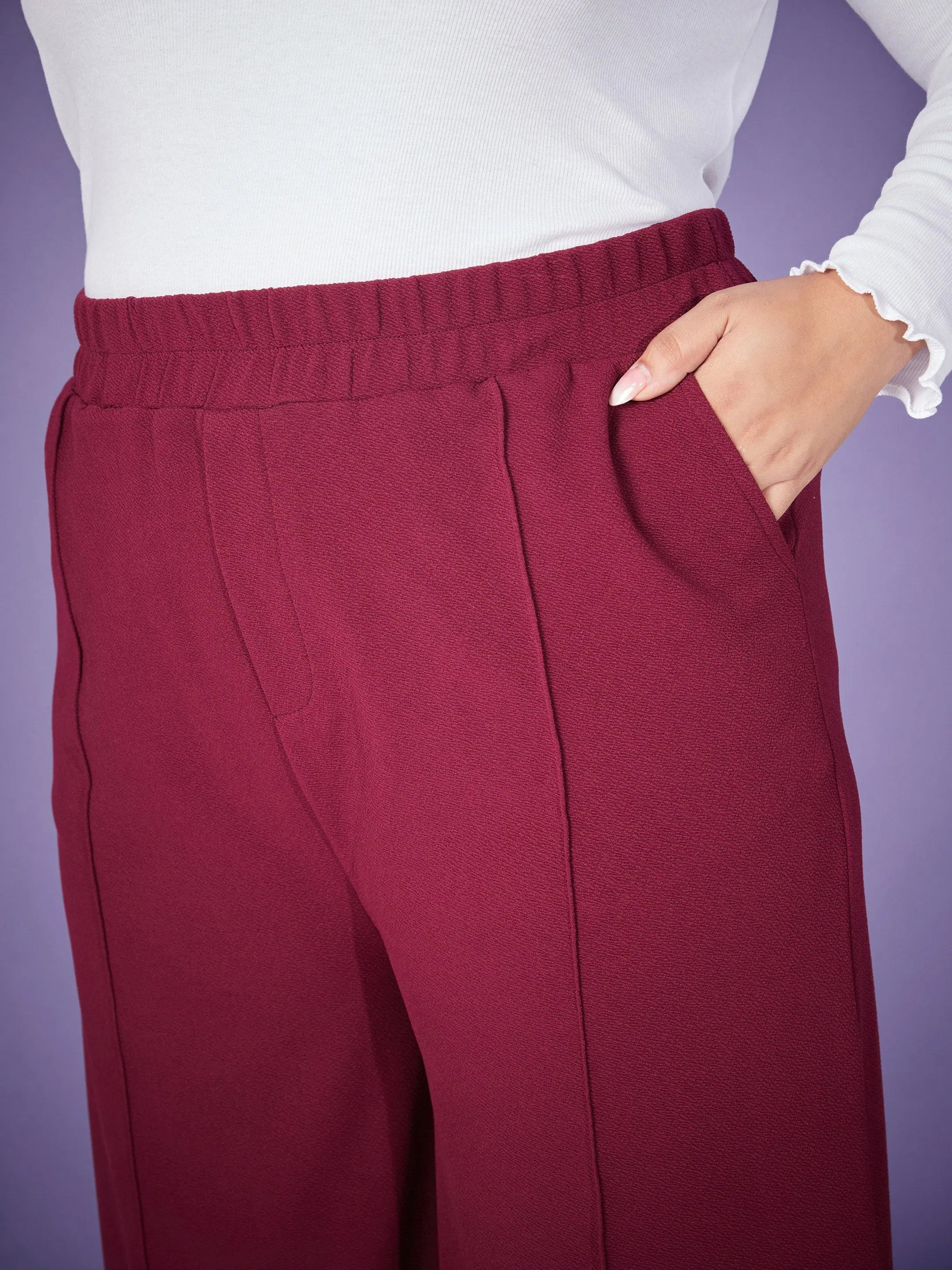 Burgundy Elasticated Straight Pants - Women's Western Clothing