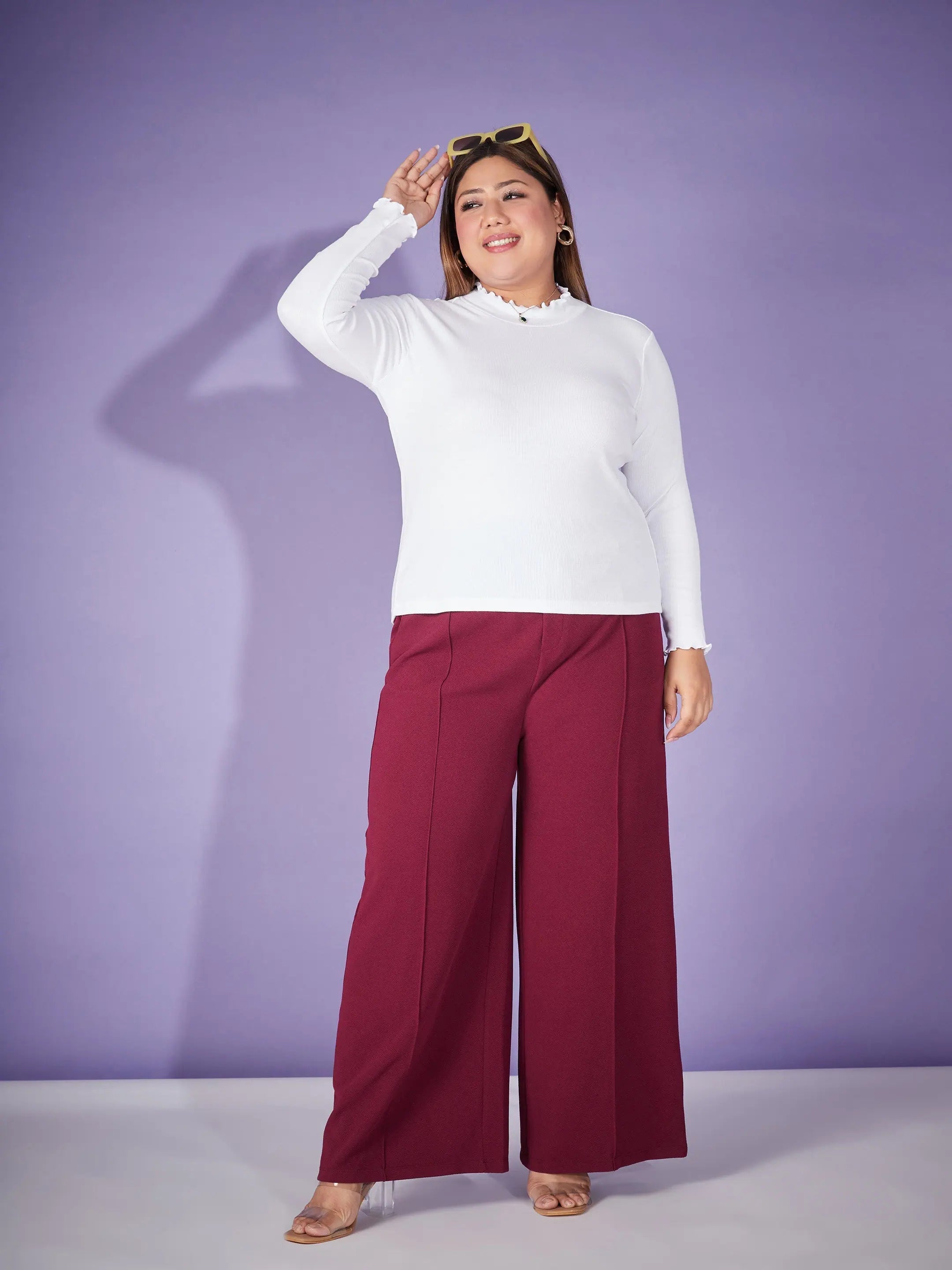 Burgundy Elasticated Straight Pants - Women's Western Clothing