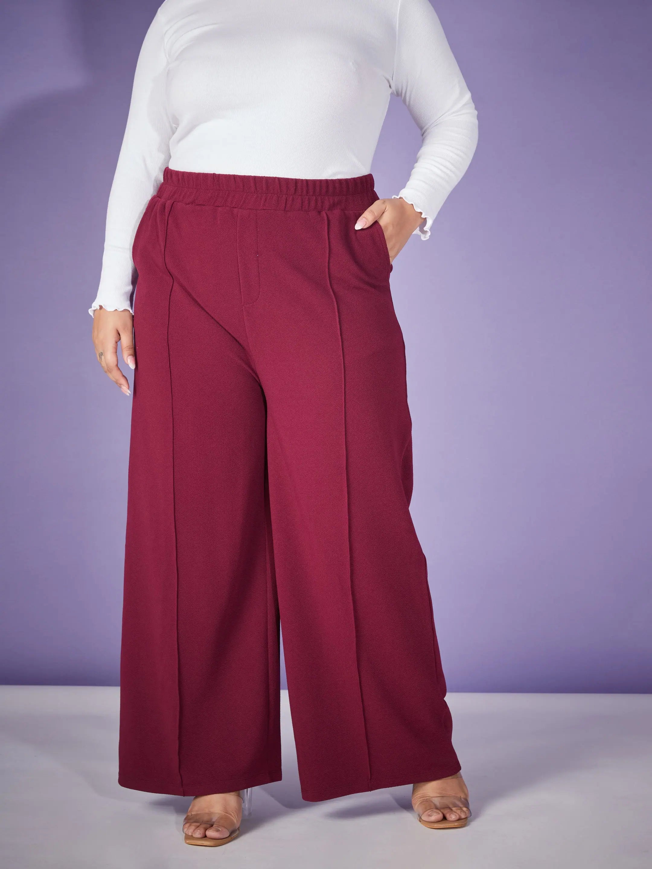 Burgundy Elasticated Straight Pants - Women's Western Clothing