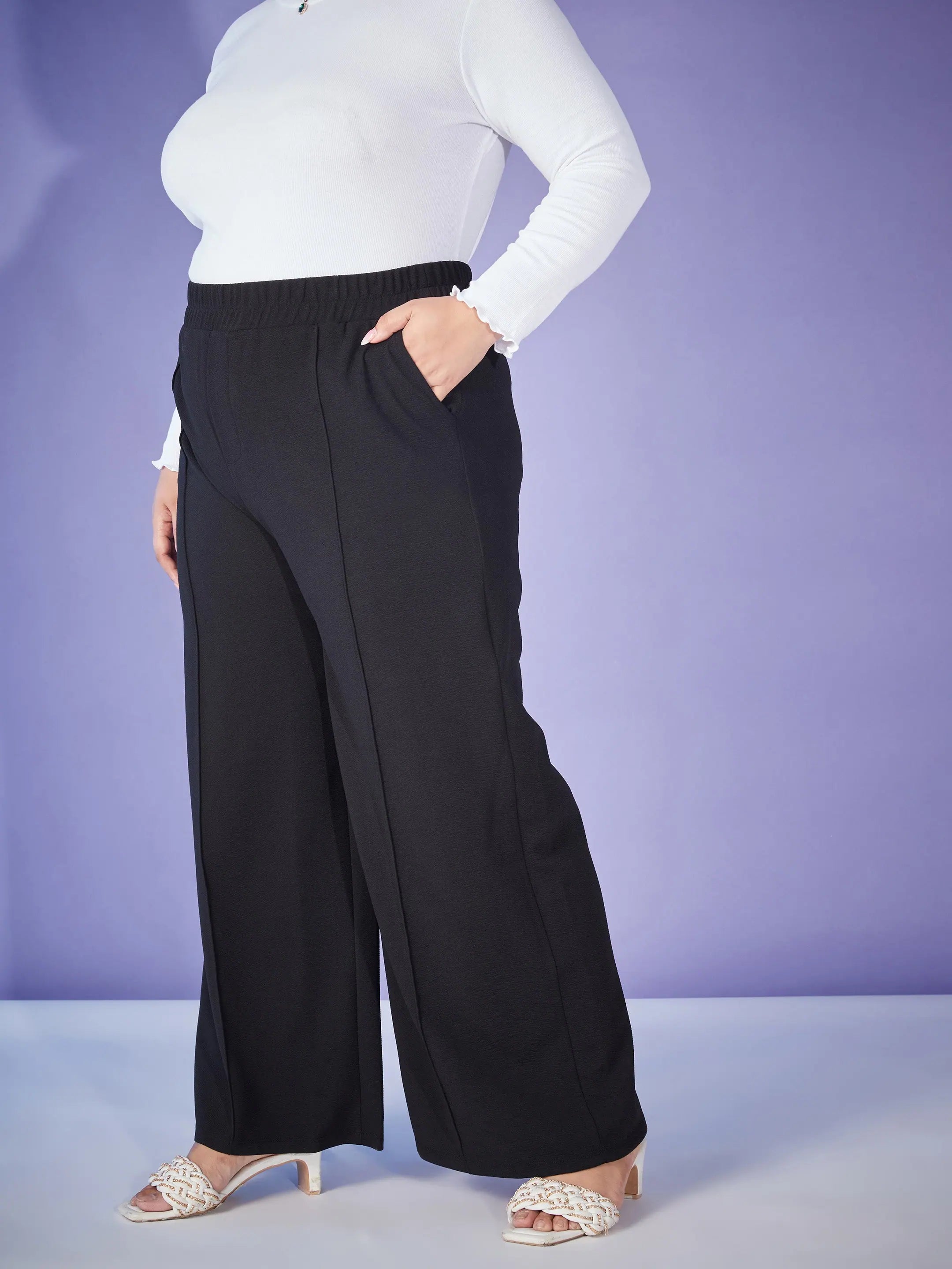 Black Elasticated Straight Pants - Women's Western Wear
