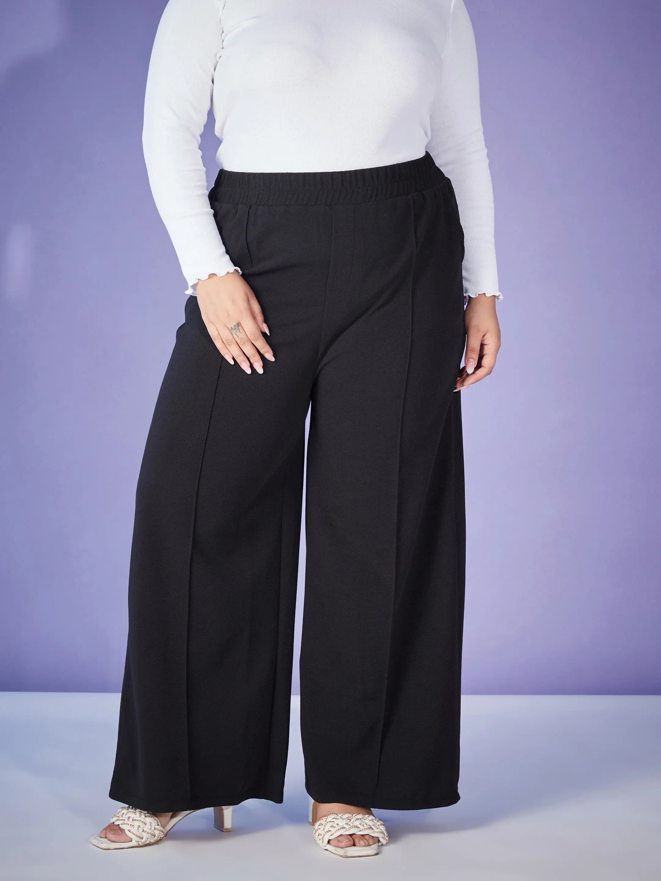 Black Elasticated Straight Pants - Women's Western Wear