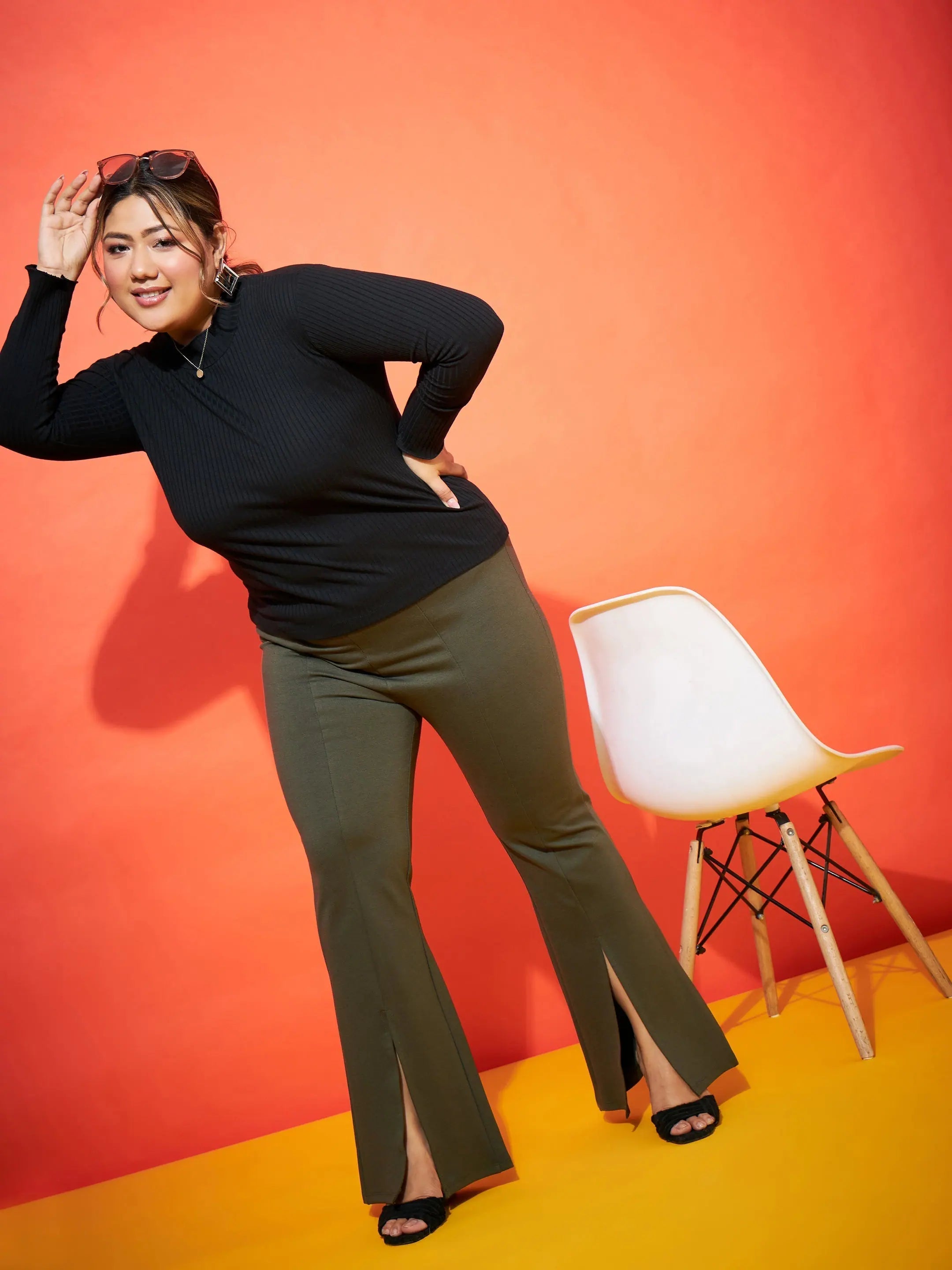 Olive Slit Bell Bottom Trousers - Women's Western Wear