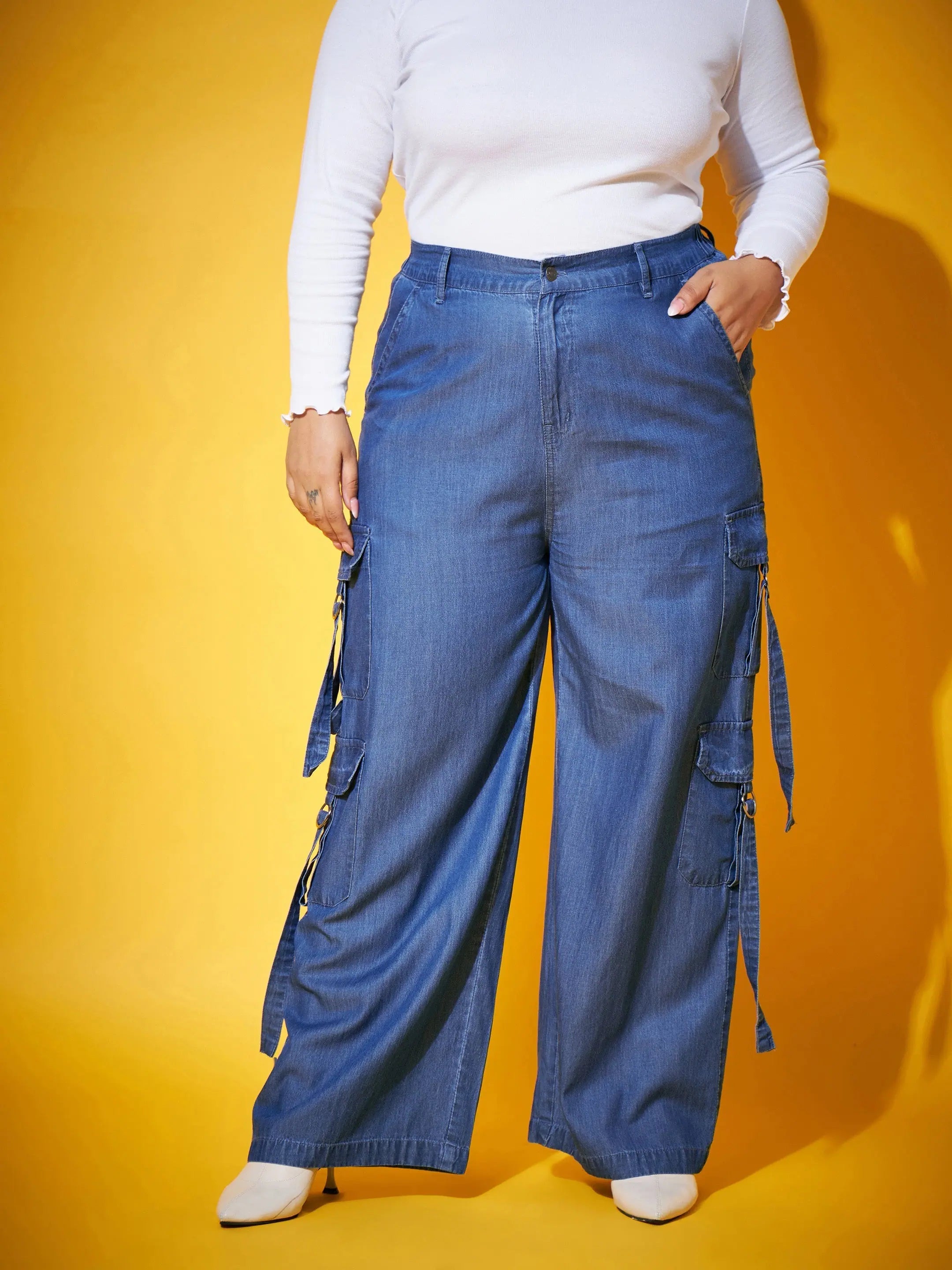 Blue Tencel Cargo Pants - Women's Western Wear | Pocket Detail