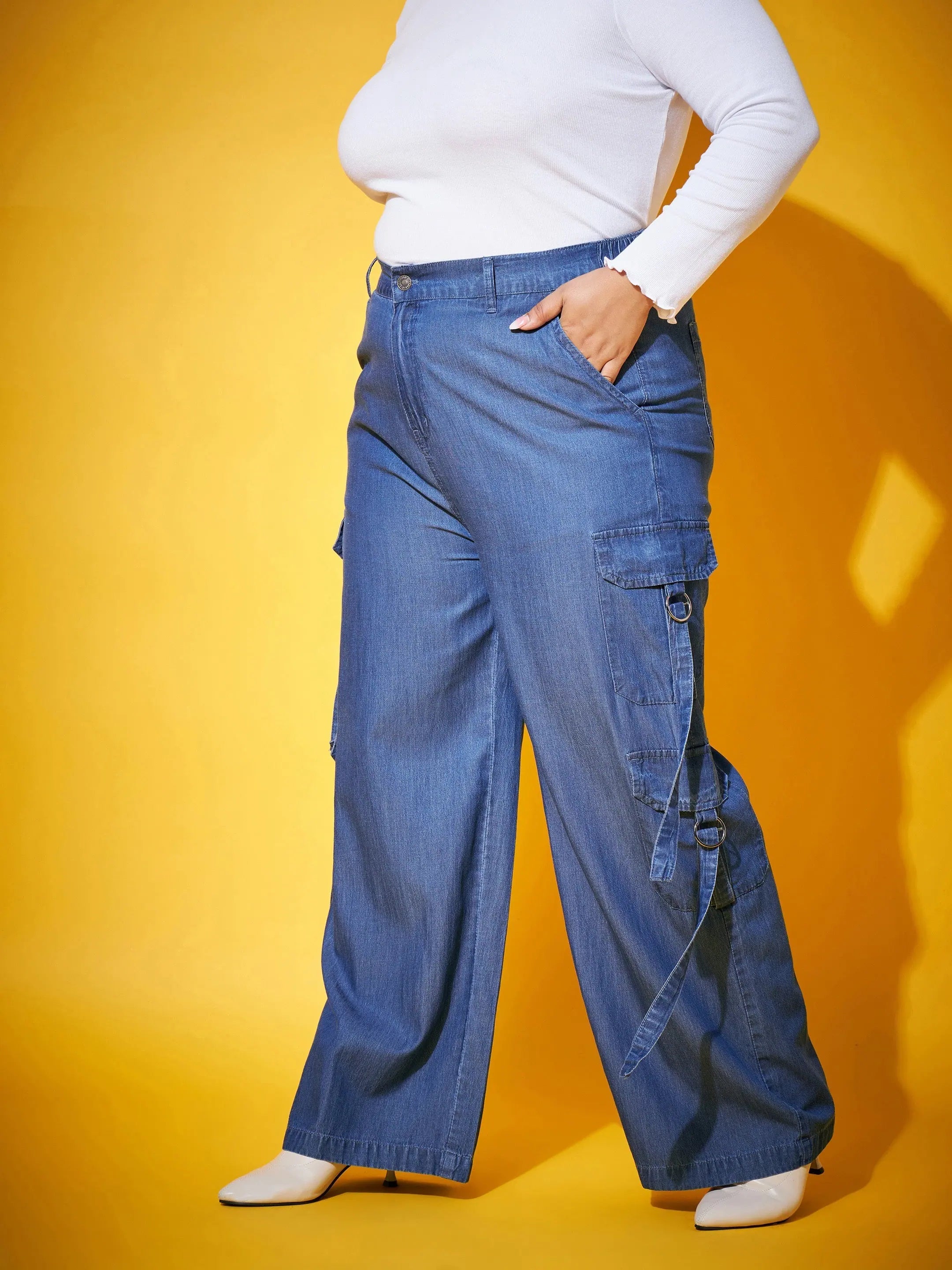 Blue Tencel Cargo Pants - Women's Western Wear | Pocket Detail