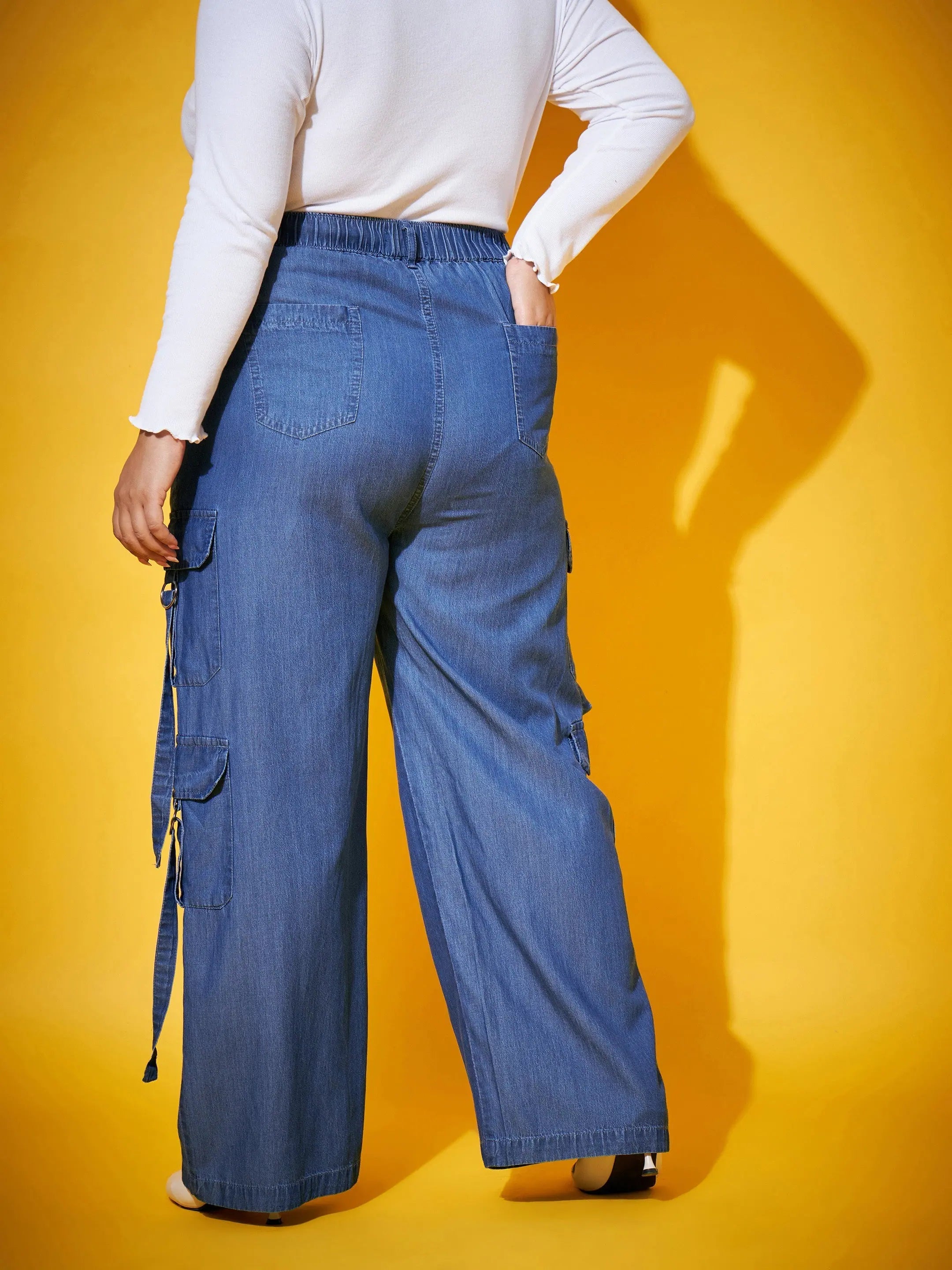 Blue Tencel Cargo Pants - Women's Western Wear | Pocket Detail