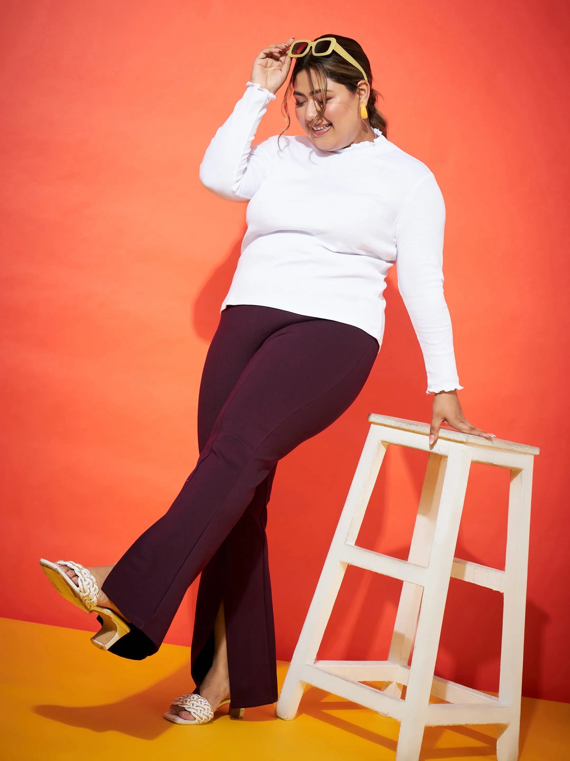 Burgundy Bell Bottom Trousers - Women's Western Outfits