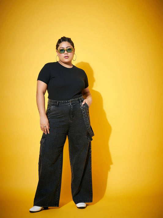 Women Black Wash Side Patch Pocket Jeans 2160