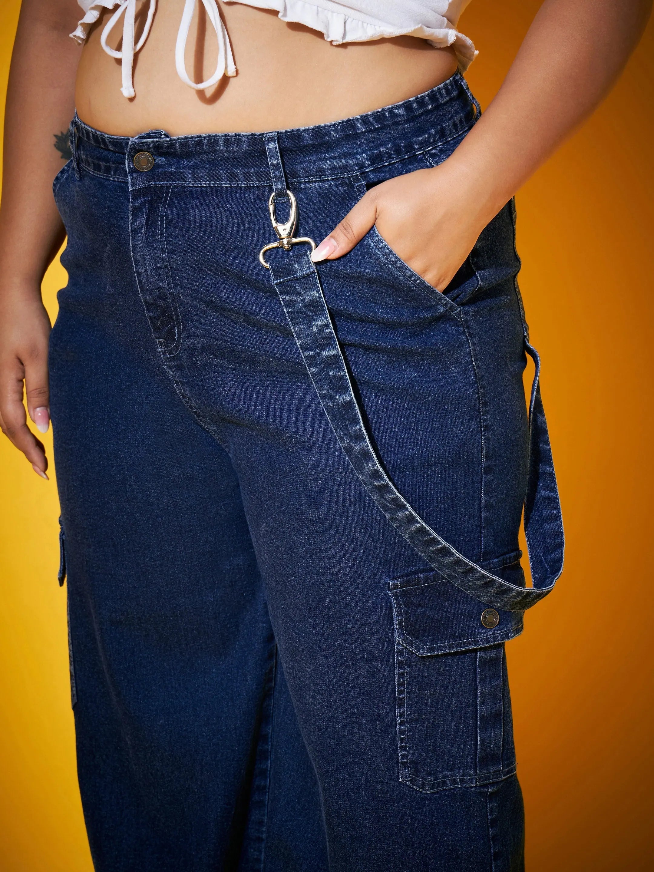 Women's Navy Wash Side Patch Pocket Denim Straight Jeans