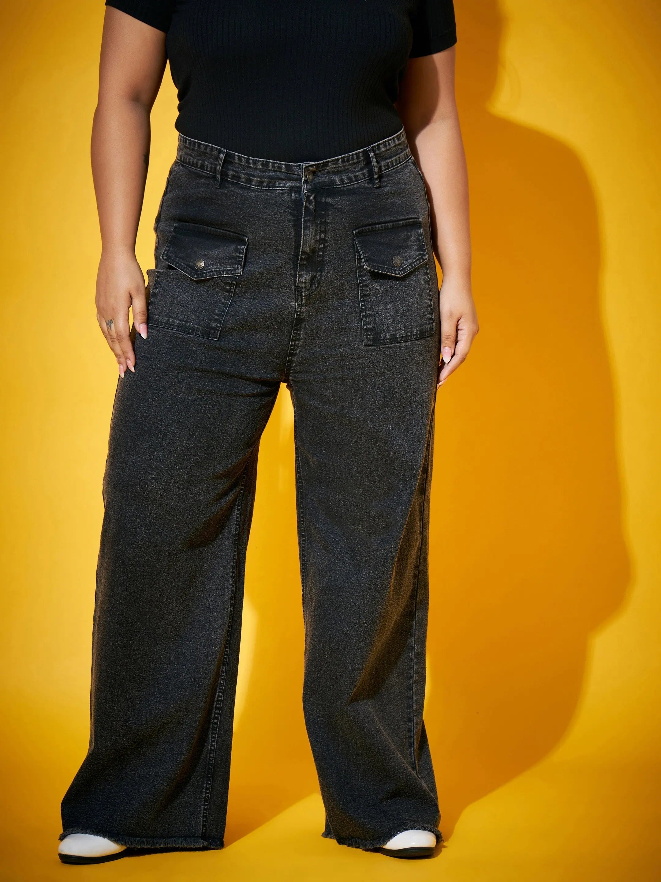 Black Wash Front Flap Pocket Straight Jeans for Women