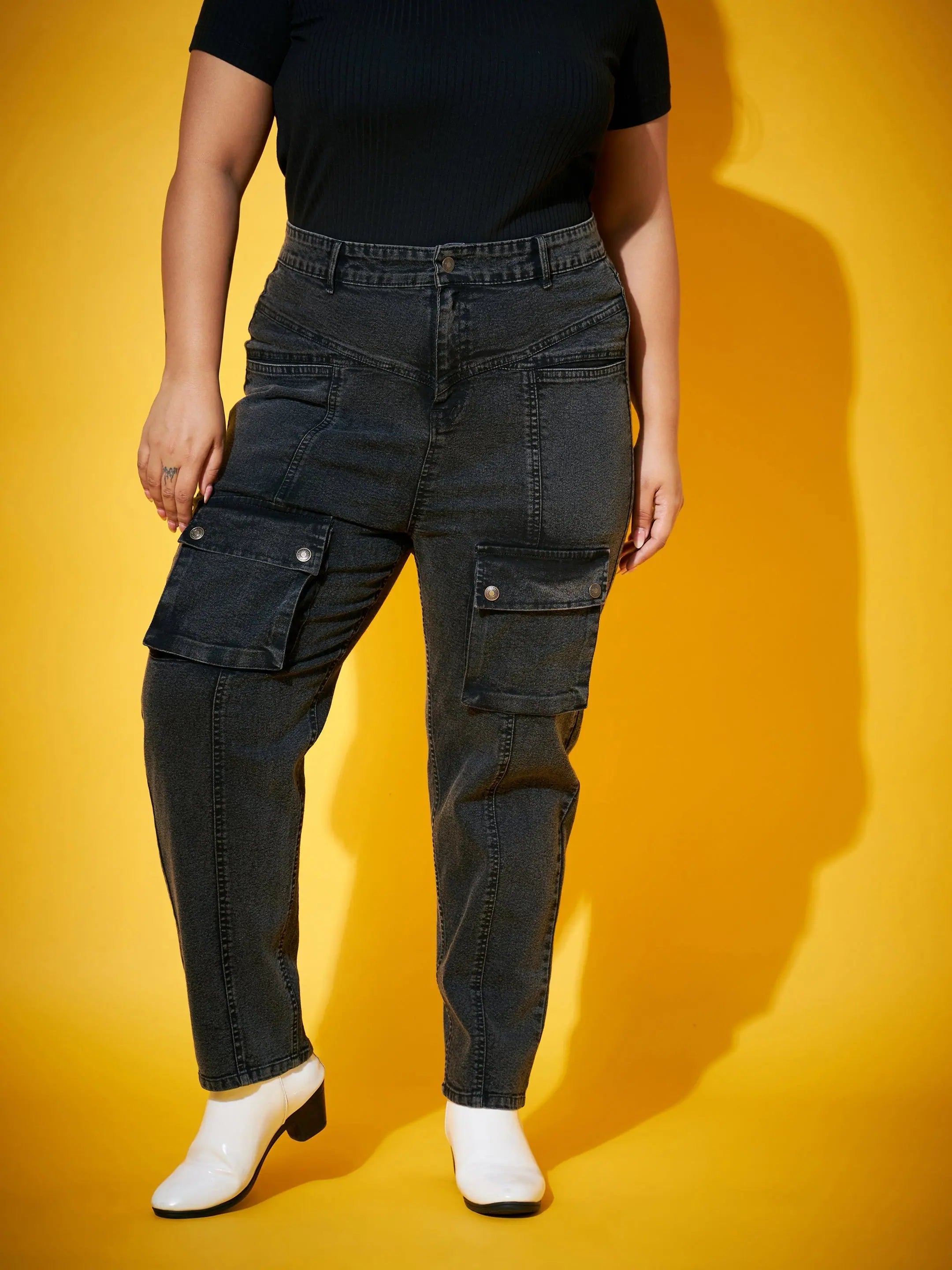 Black Acid Wash Pocket Jeans - Women's Denim Comfort Fit