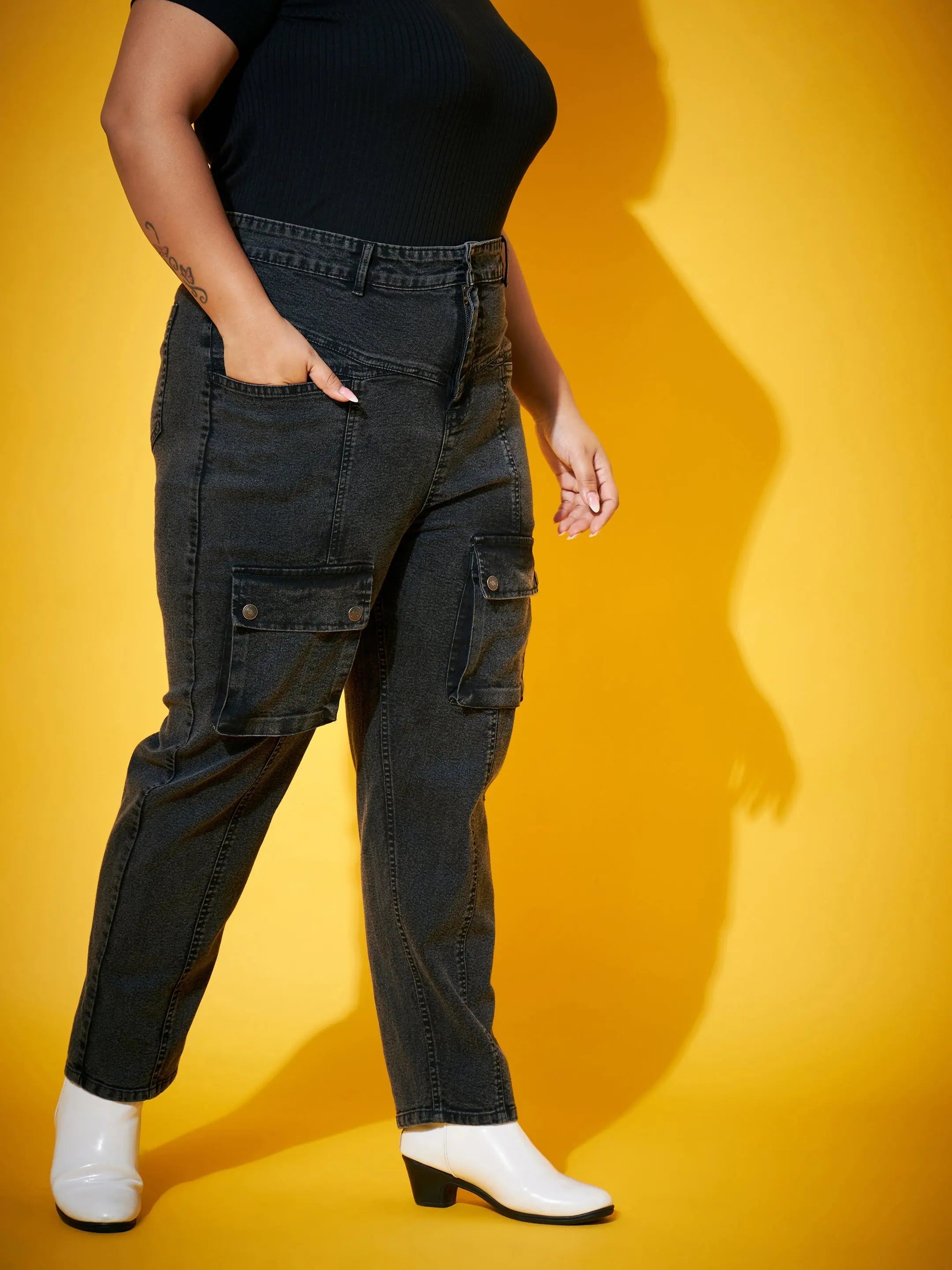 Black Acid Wash Pocket Jeans - Women's Denim Comfort Fit