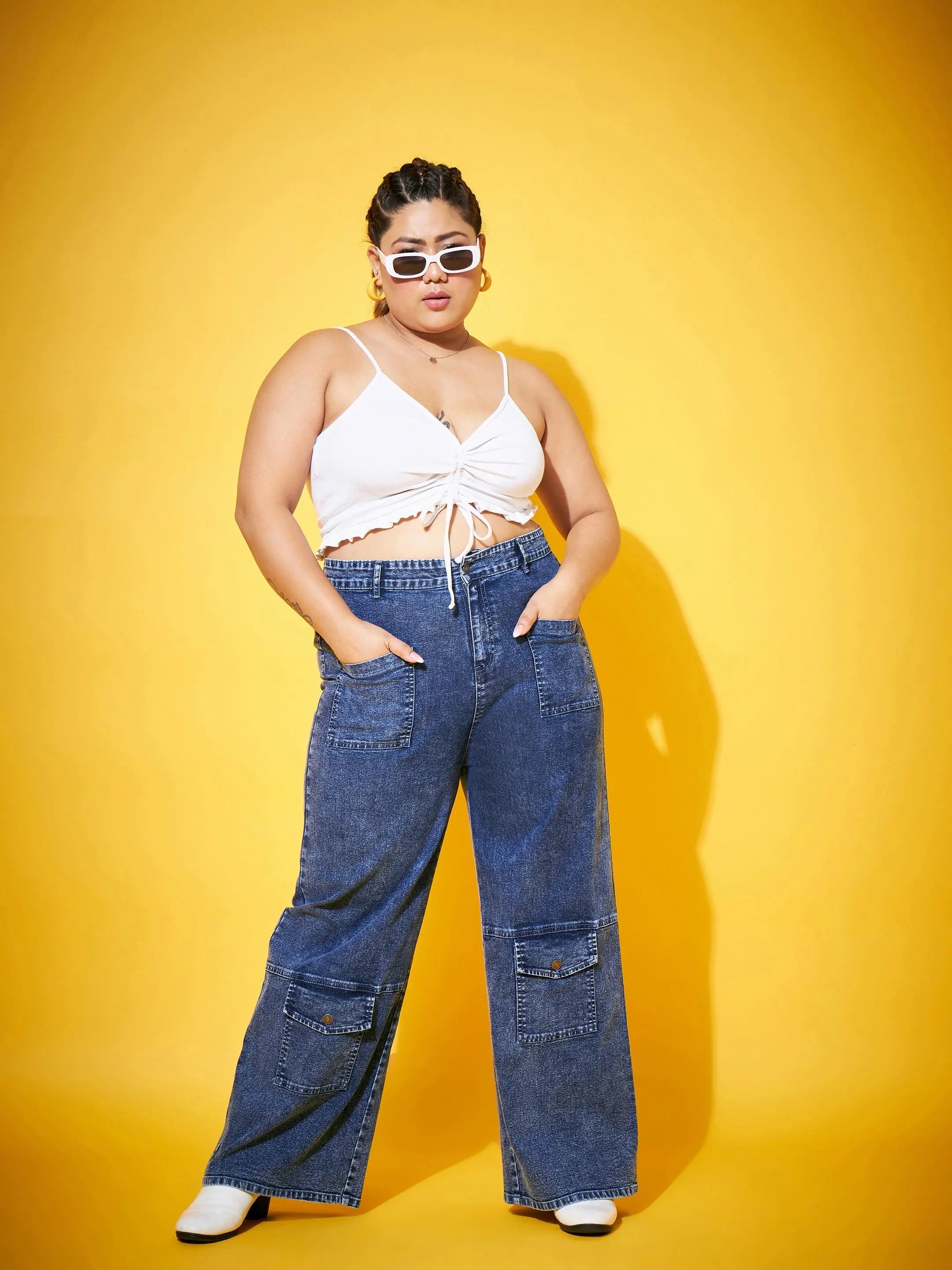 Women's Blue Acid Wash Jeans - Multi Pocket Straight Jeans