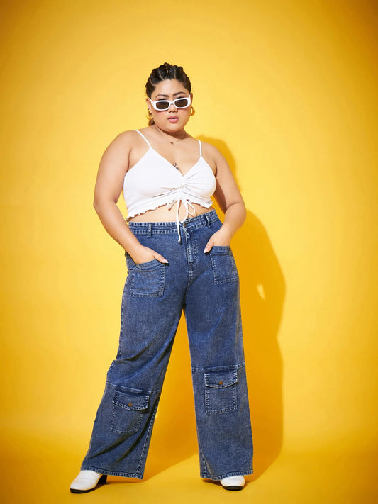 Women Blue Acid Wash Multi Pocket Straight Jeans 2160