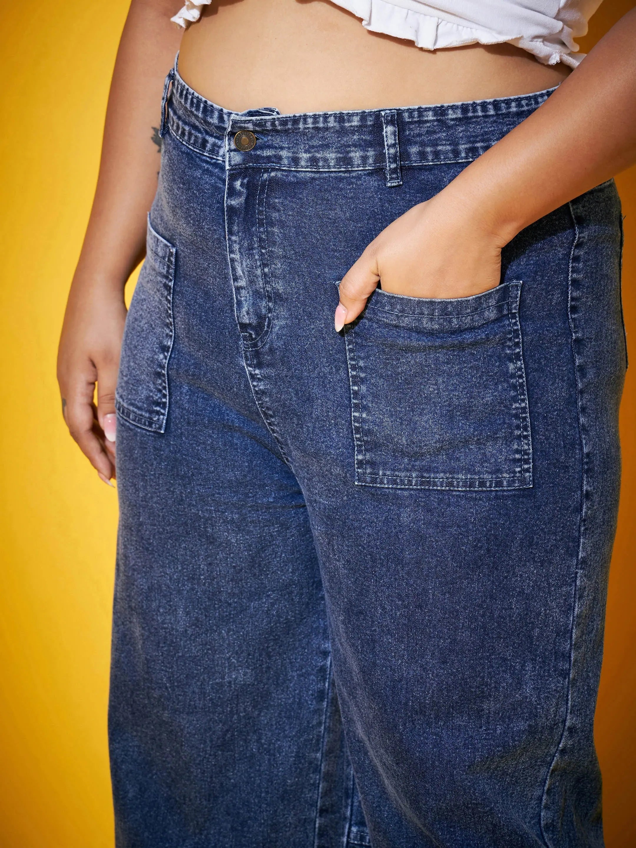 Women's Blue Acid Wash Jeans - Multi Pocket Straight Jeans