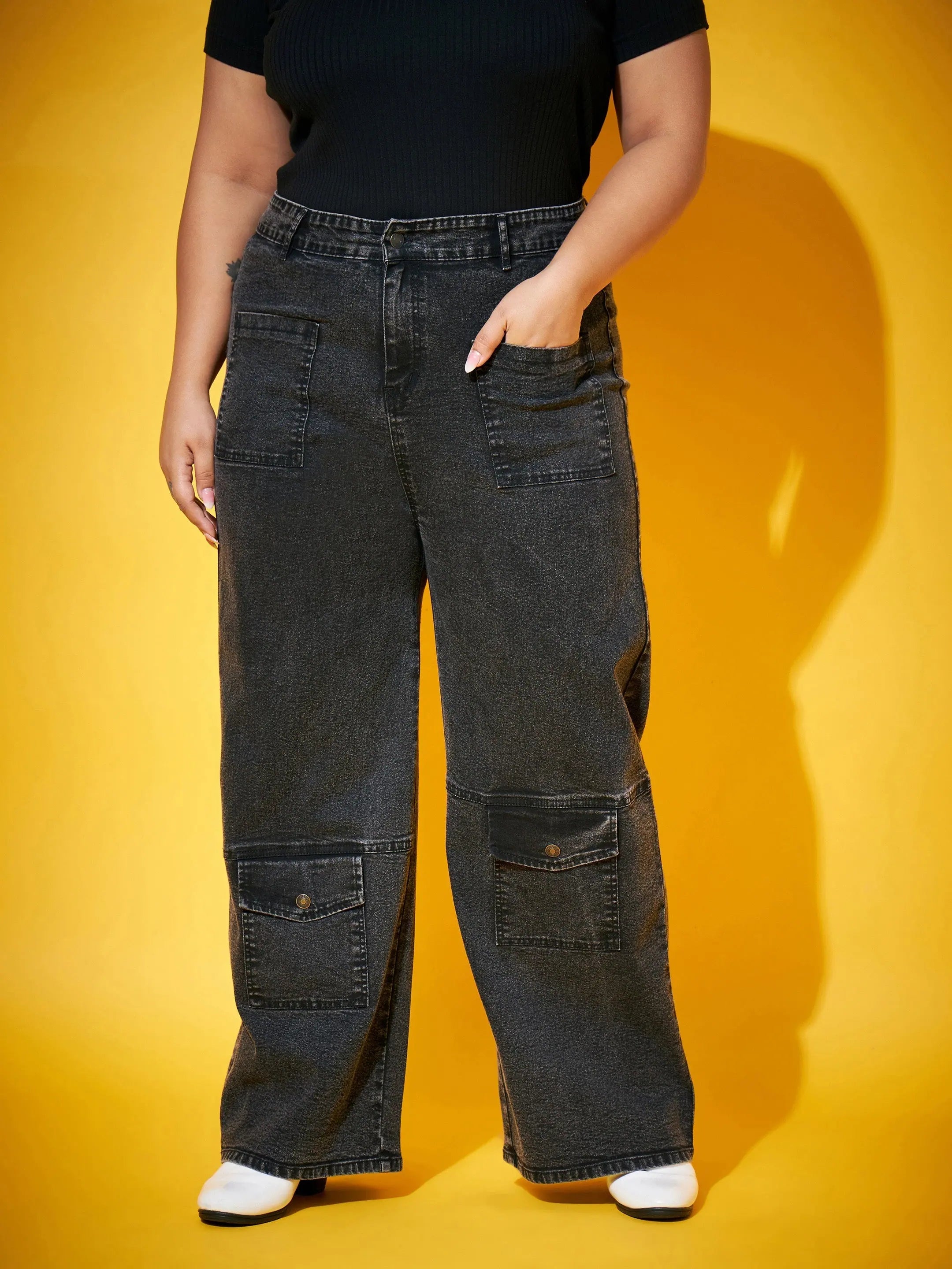 Black Acid Wash Jeans - Women's Multi-Pocket Straight Jeans