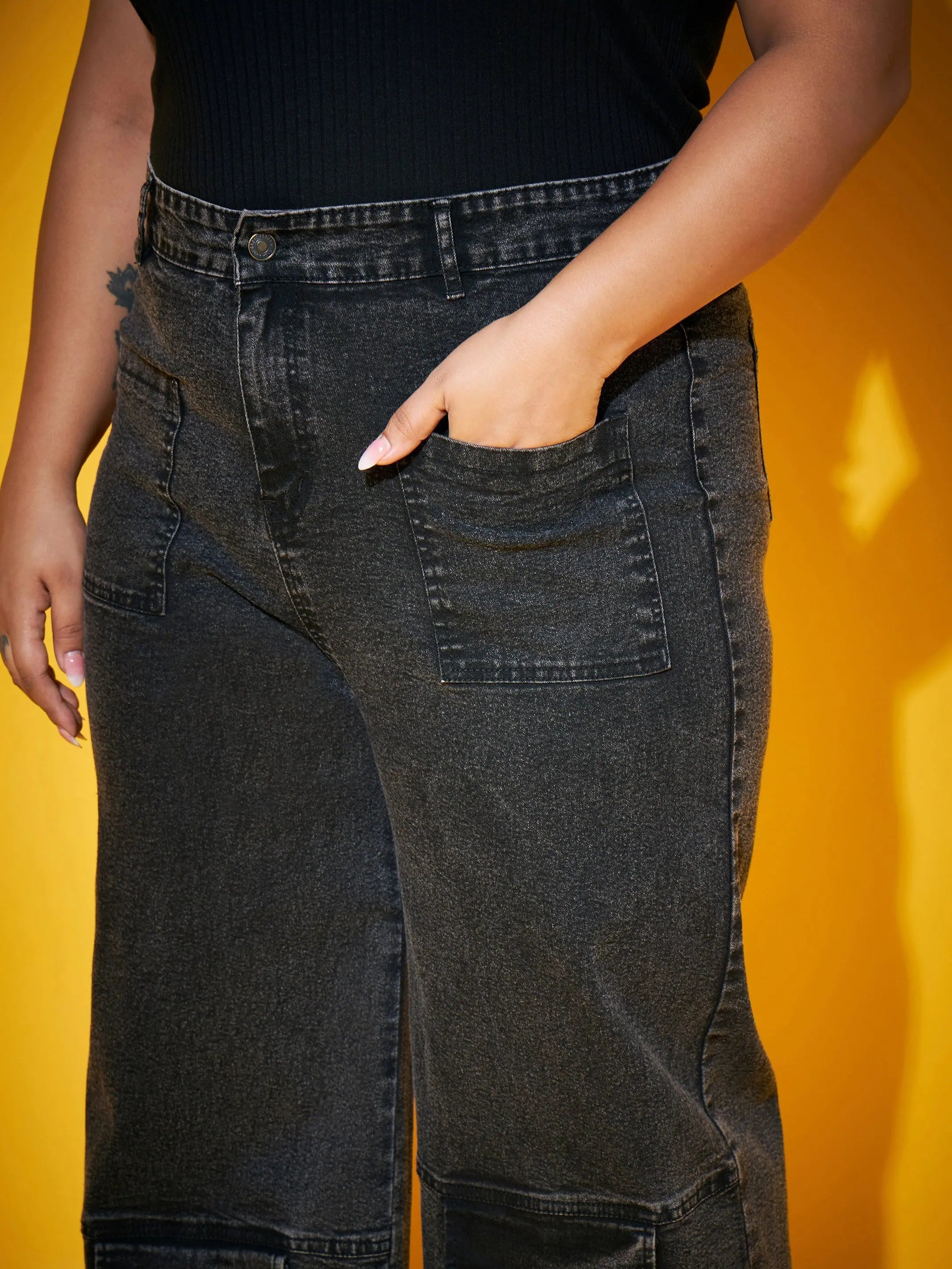 Black Acid Wash Jeans - Women's Multi-Pocket Straight Jeans