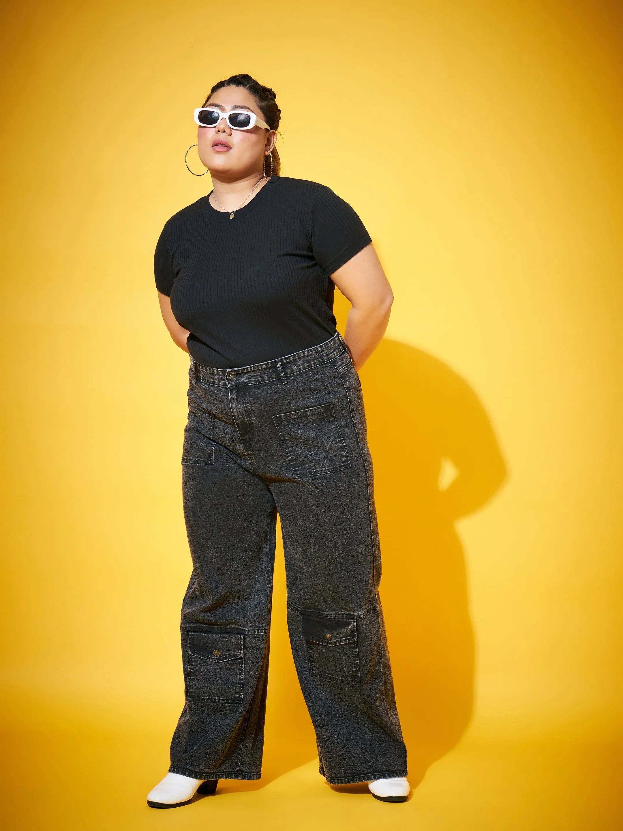Black Acid Wash Jeans - Women's Multi-Pocket Straight Jeans