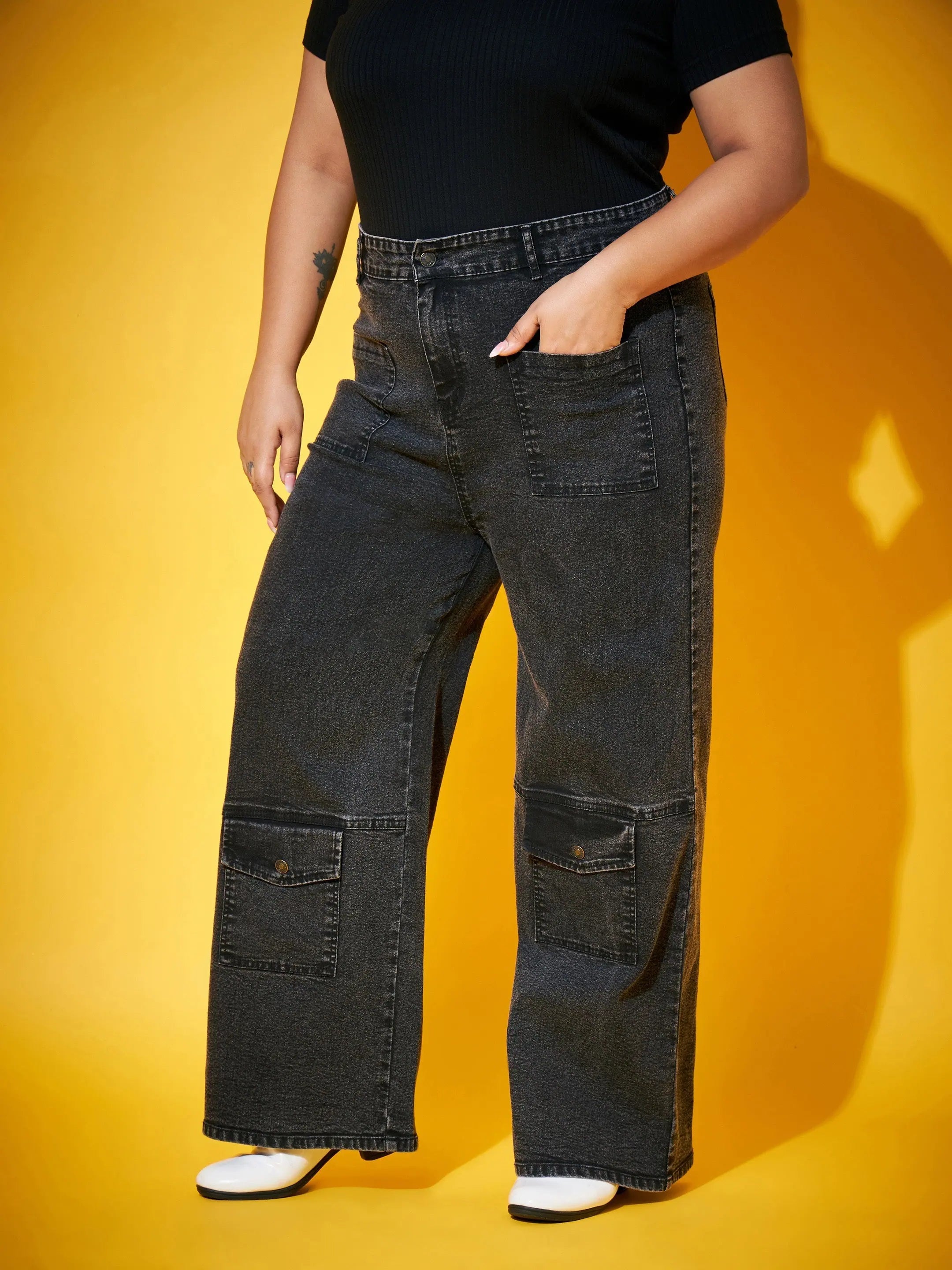Black Acid Wash Jeans - Women's Multi-Pocket Straight Jeans