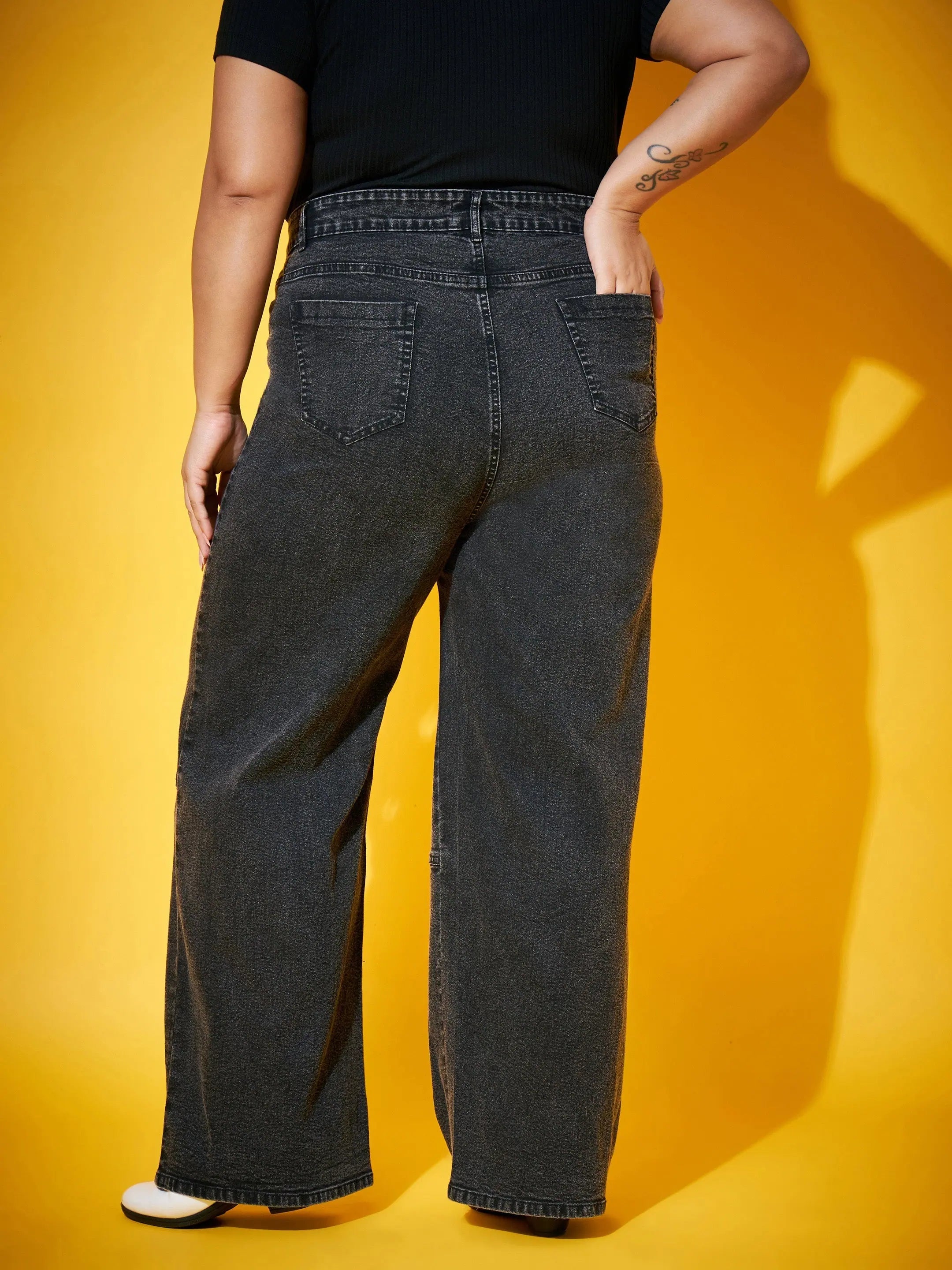 Black Acid Wash Jeans - Women's Multi-Pocket Straight Jeans