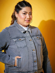 Women Solid Standard Grey Collared Neck Full Sleeve Jacket