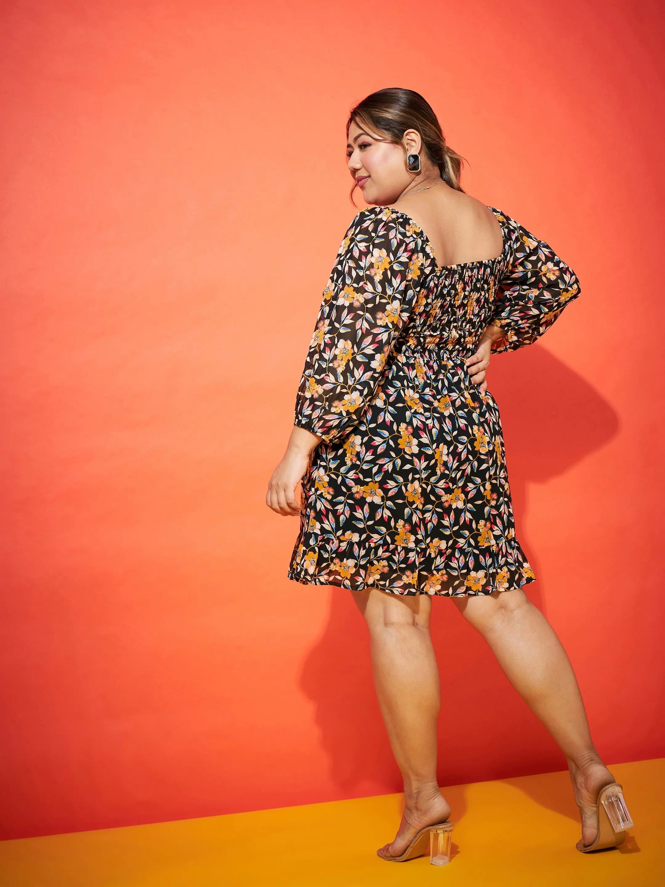 Black Floral Mini Dress - Smocked Women's Fit & Flare Dress