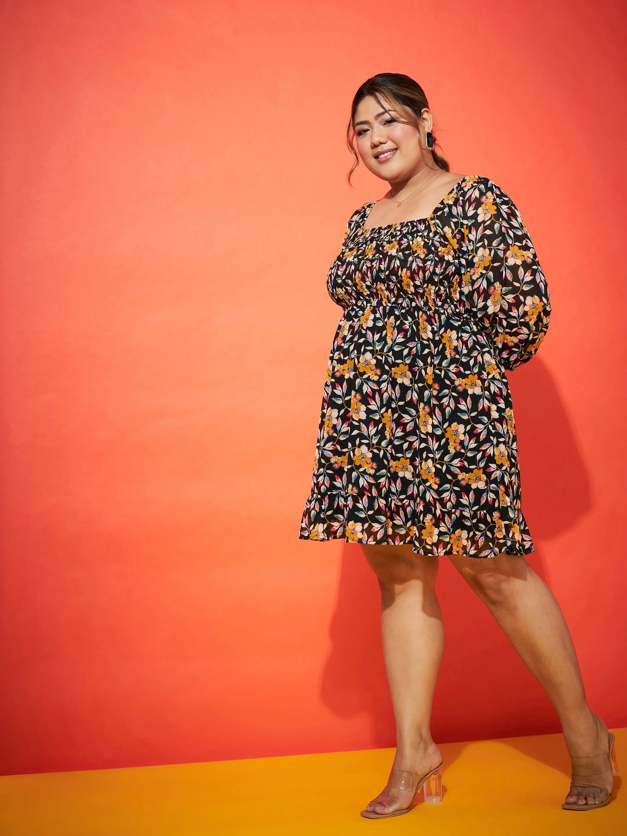 Black Floral Mini Dress - Smocked Women's Fit & Flare Dress