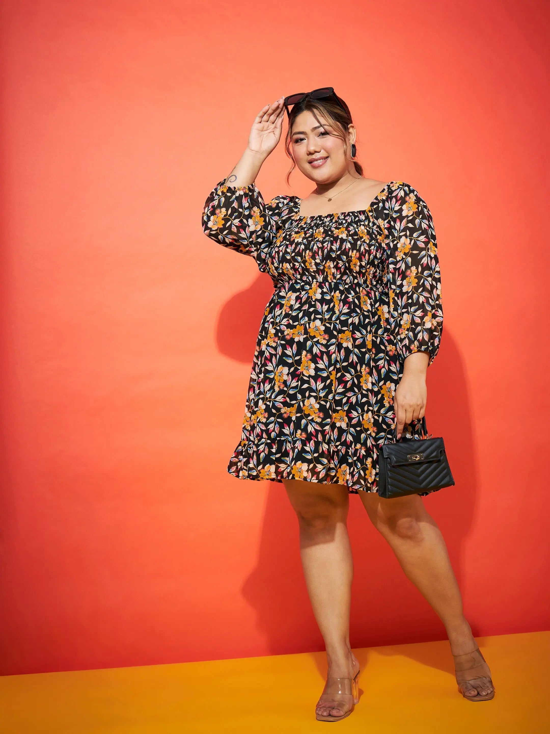 Black Floral Mini Dress - Smocked Women's Fit & Flare Dress