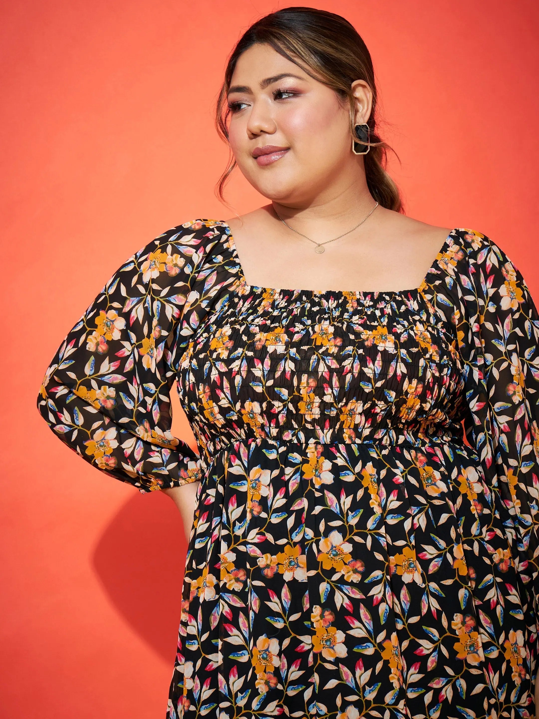 Black Floral Mini Dress - Smocked Women's Fit & Flare Dress