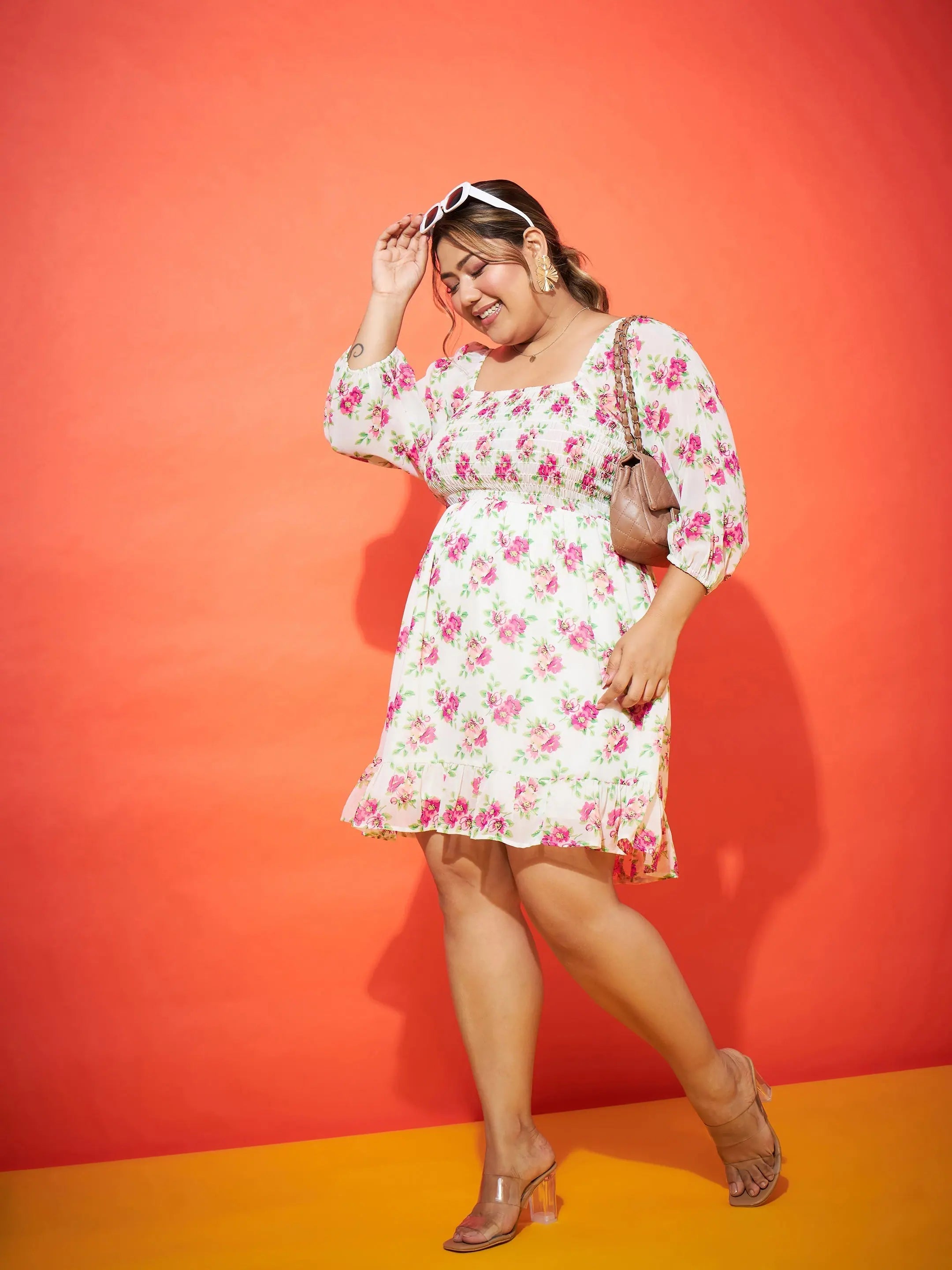 White Floral Mini Dress - Smocked Women's Fit & Flare Dress