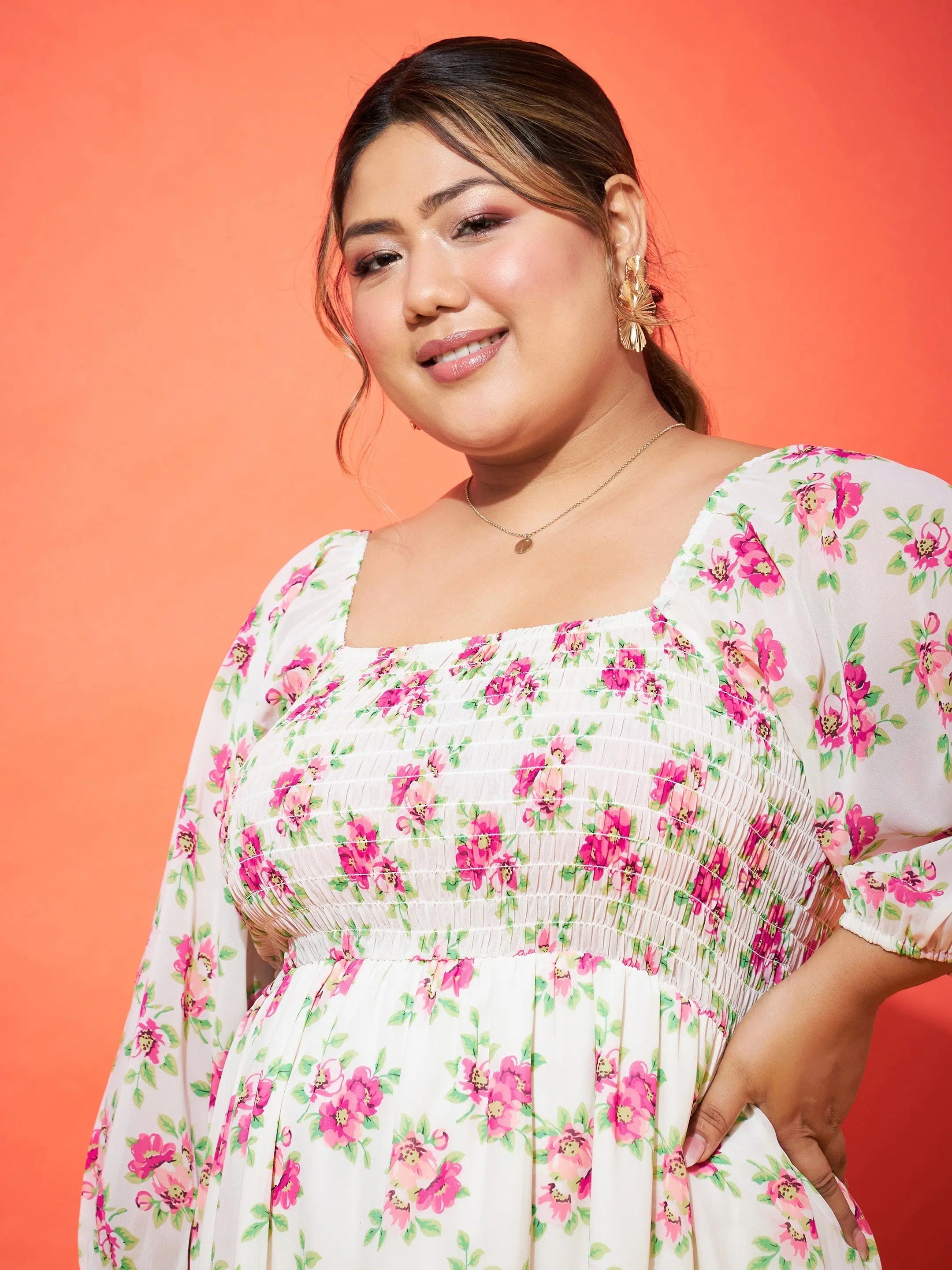 White Floral Mini Dress - Smocked Women's Fit & Flare Dress