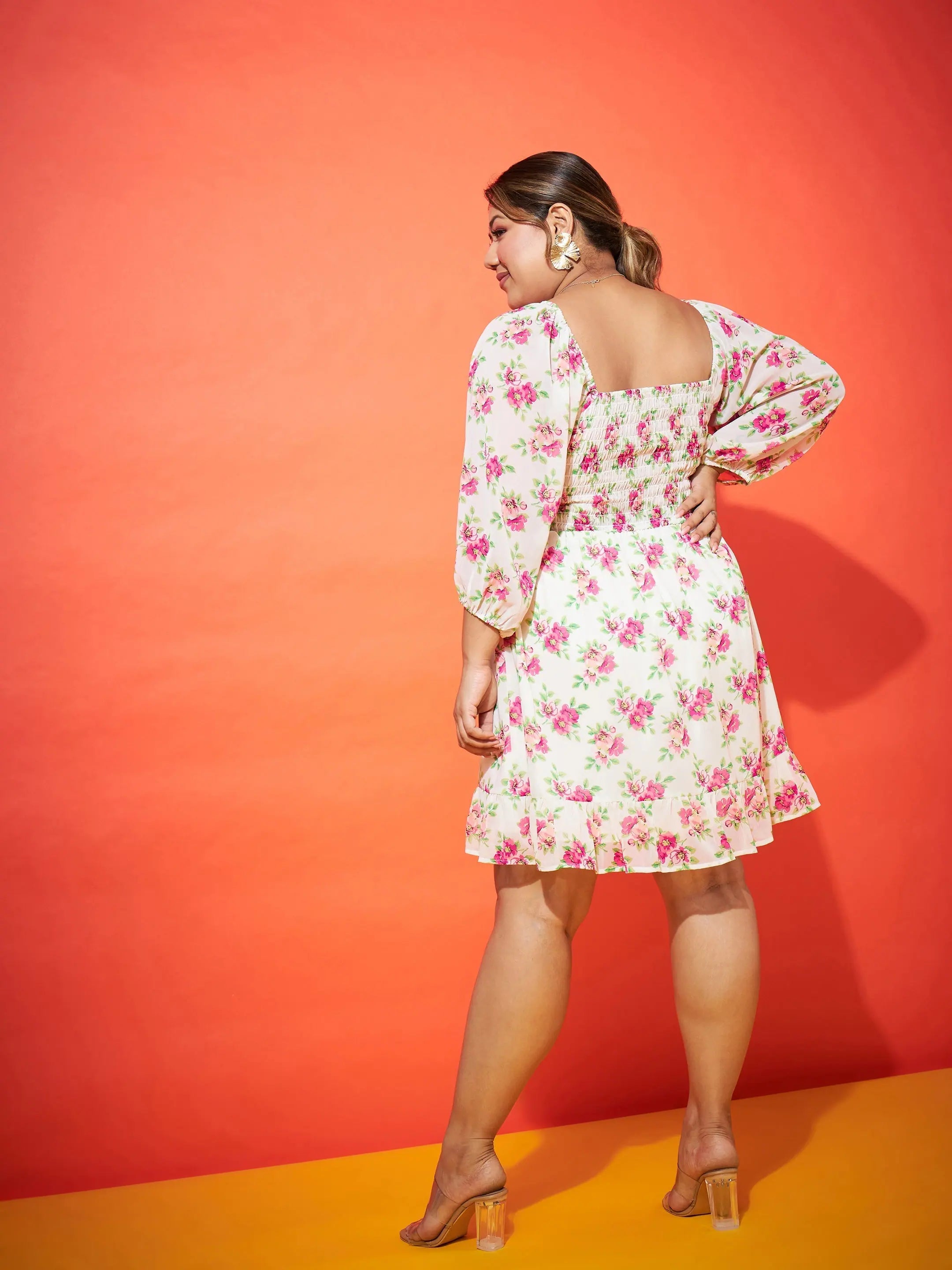 White Floral Mini Dress - Smocked Women's Fit & Flare Dress