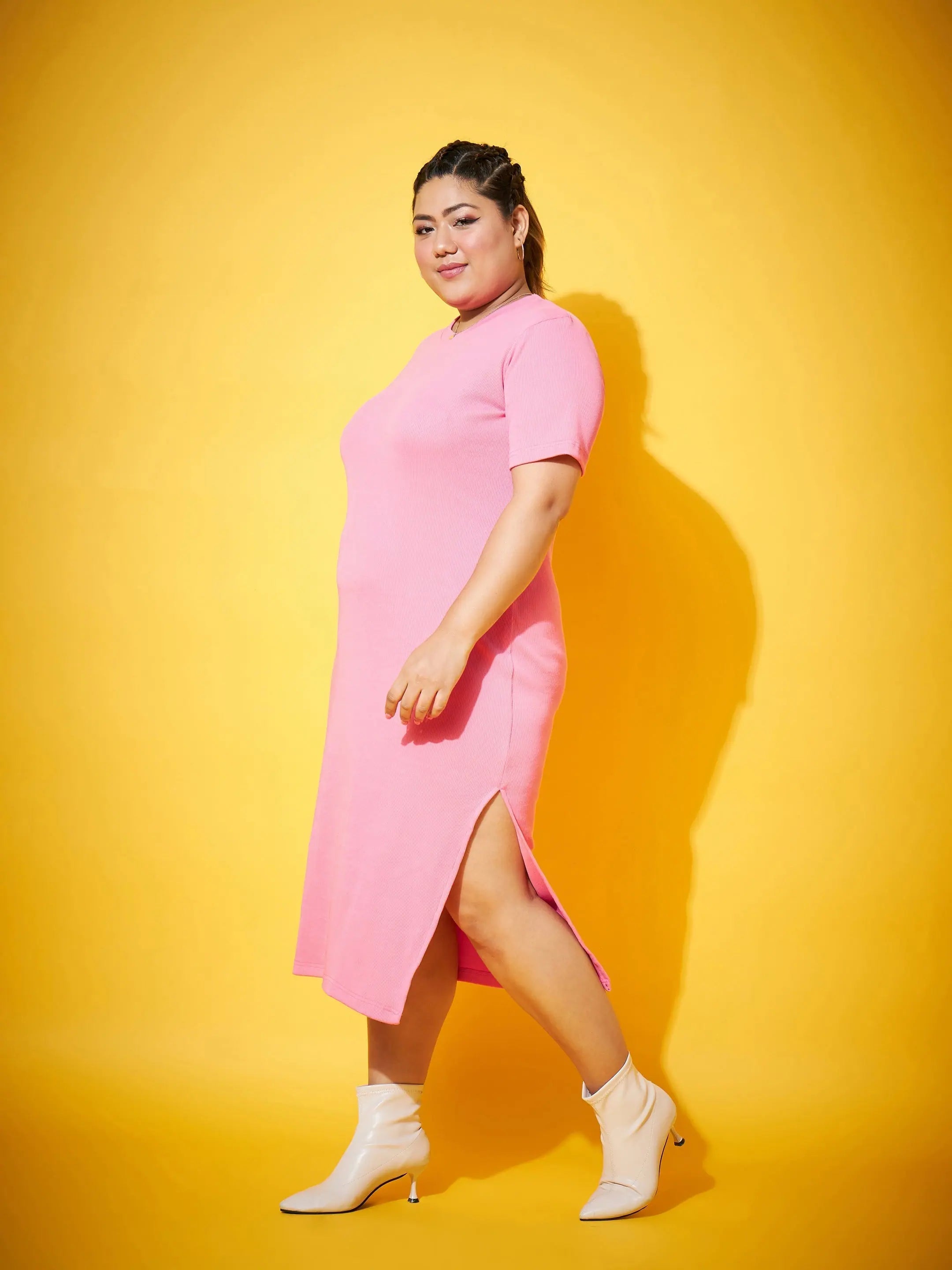 Pink Side Slit Midi Dress - Ribbed Straight Fit Women's Dress