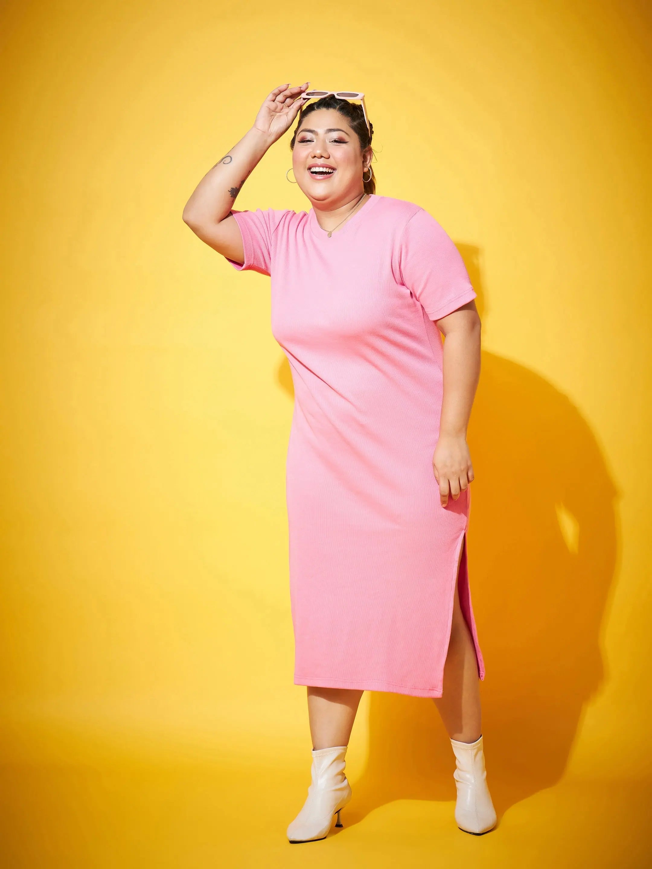 Pink Side Slit Midi Dress - Ribbed Straight Fit Women's Dress