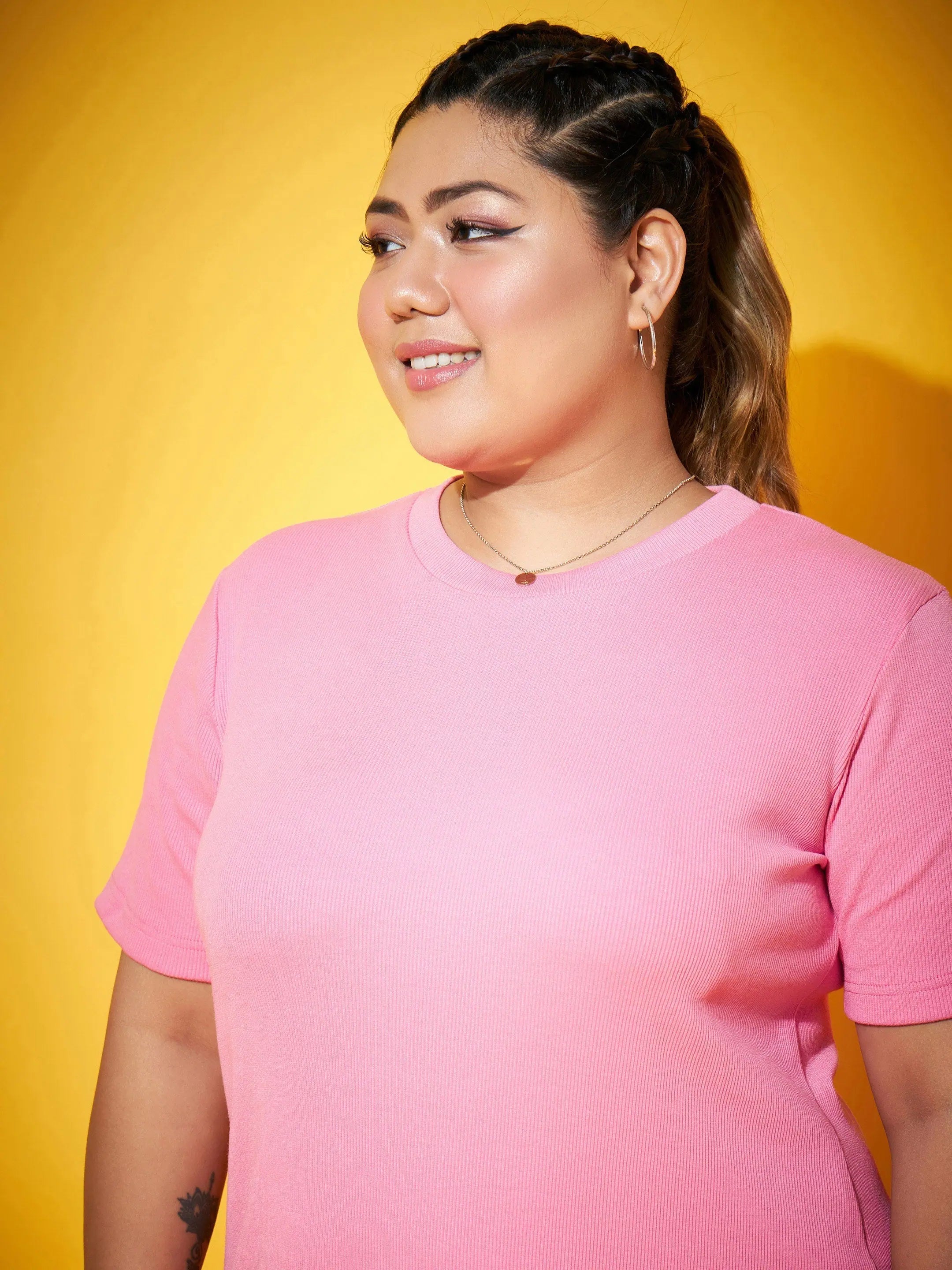 Pink Side Slit Midi Dress - Ribbed Straight Fit Women's Dress