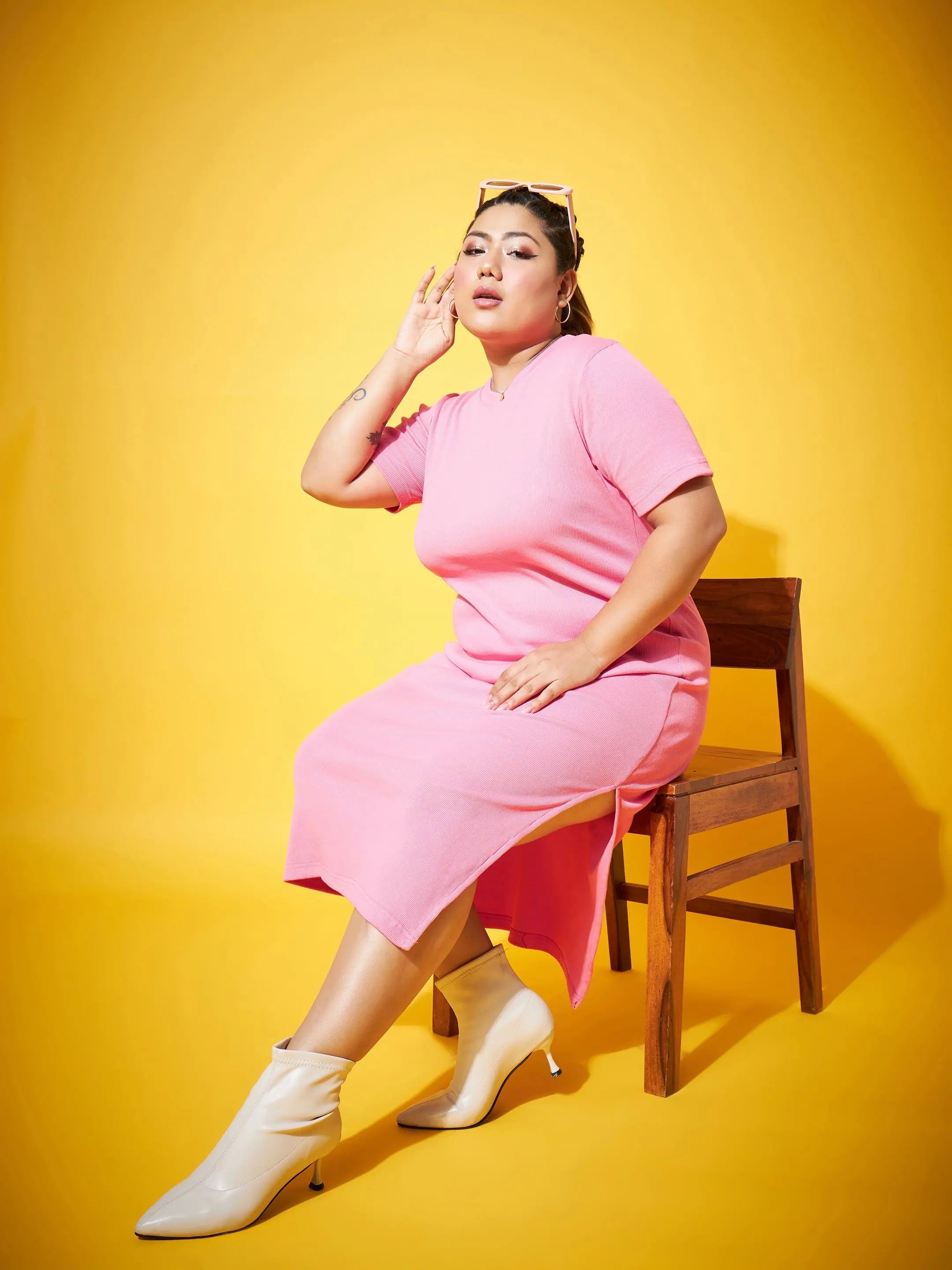 Pink Side Slit Midi Dress - Ribbed Straight Fit Women's Dress