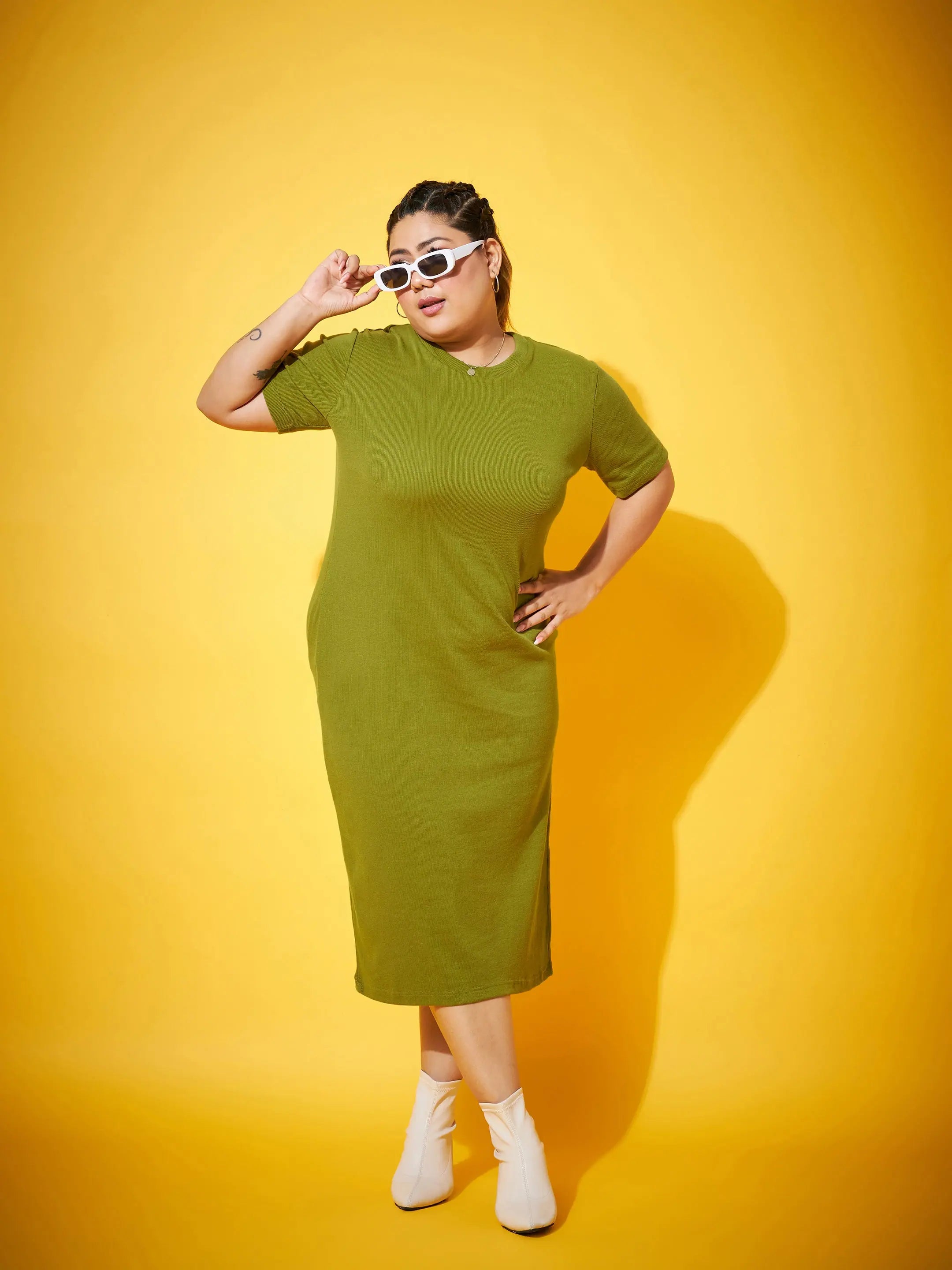 Olive Side Slit Midi Dress - Ribbed Straight Fit Women's Dress