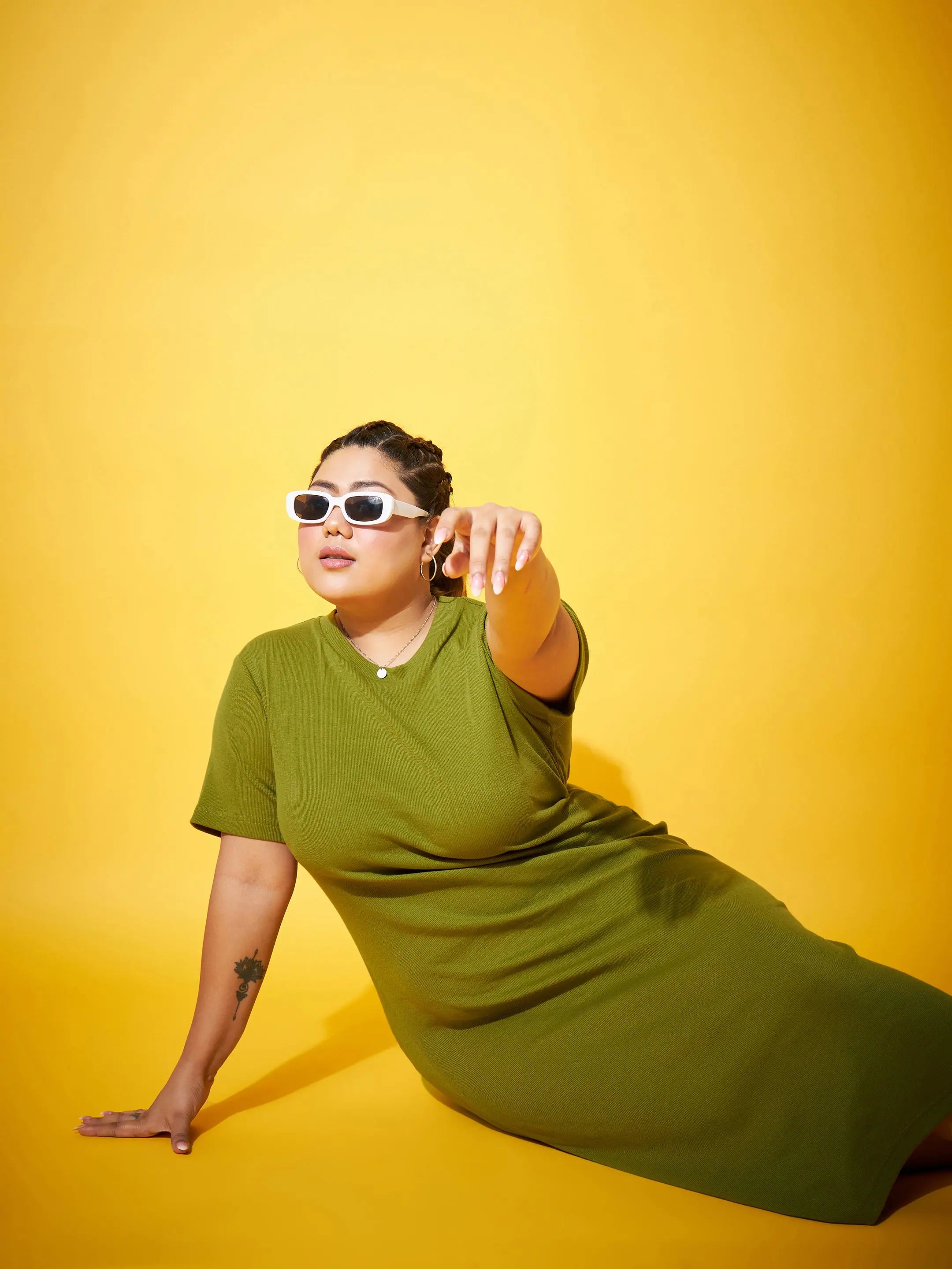 Olive Side Slit Midi Dress - Ribbed Straight Fit Women's Dress