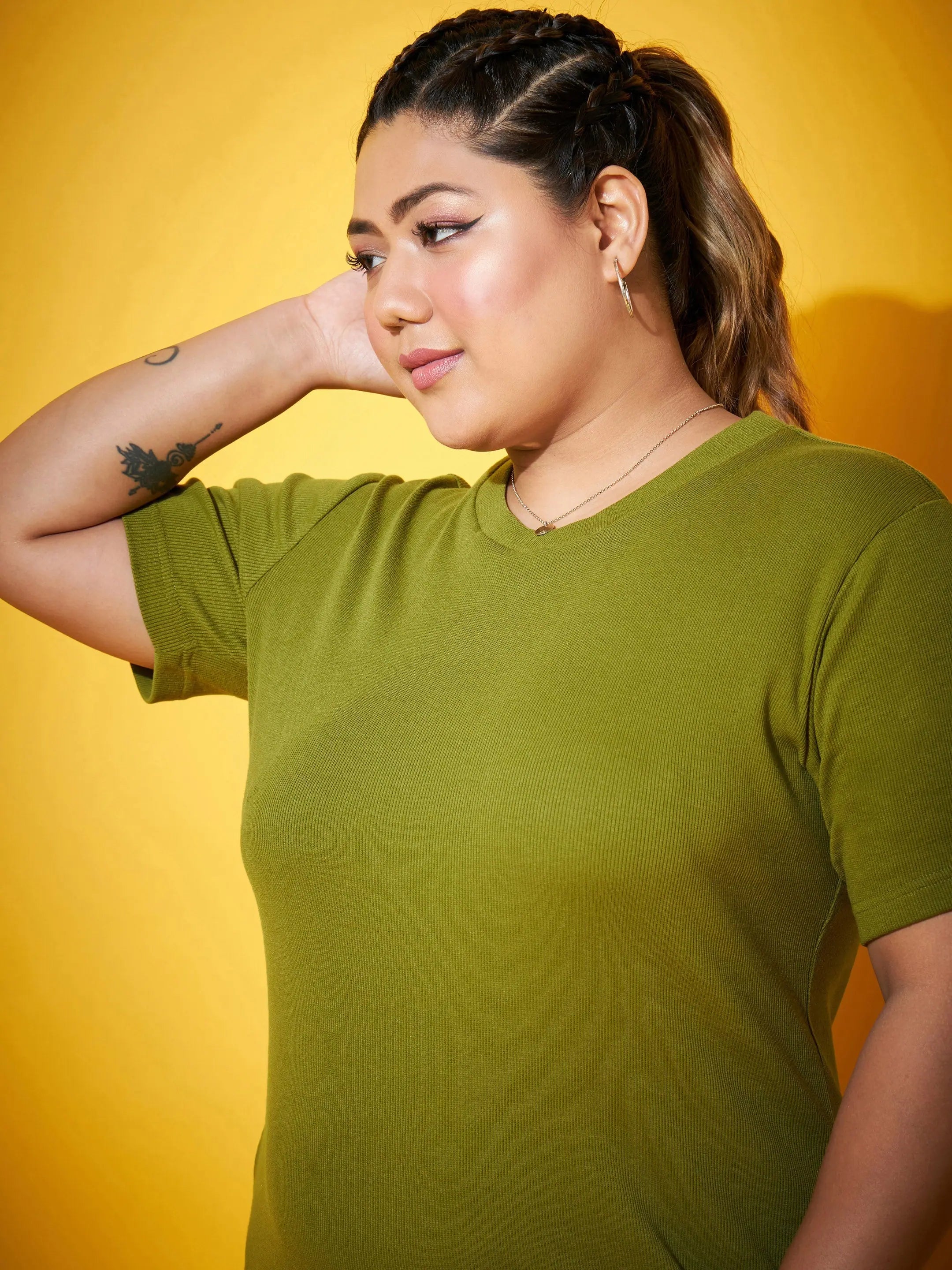 Olive Side Slit Midi Dress - Ribbed Straight Fit Women's Dress