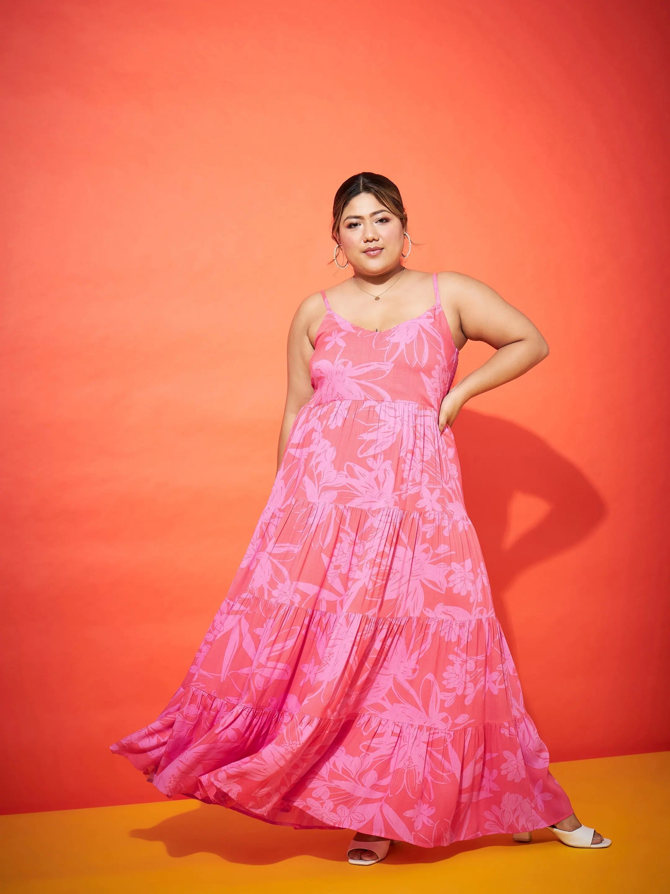 Pink Floral Maxi Dress - Strappy Fit & Flare Women's Dress