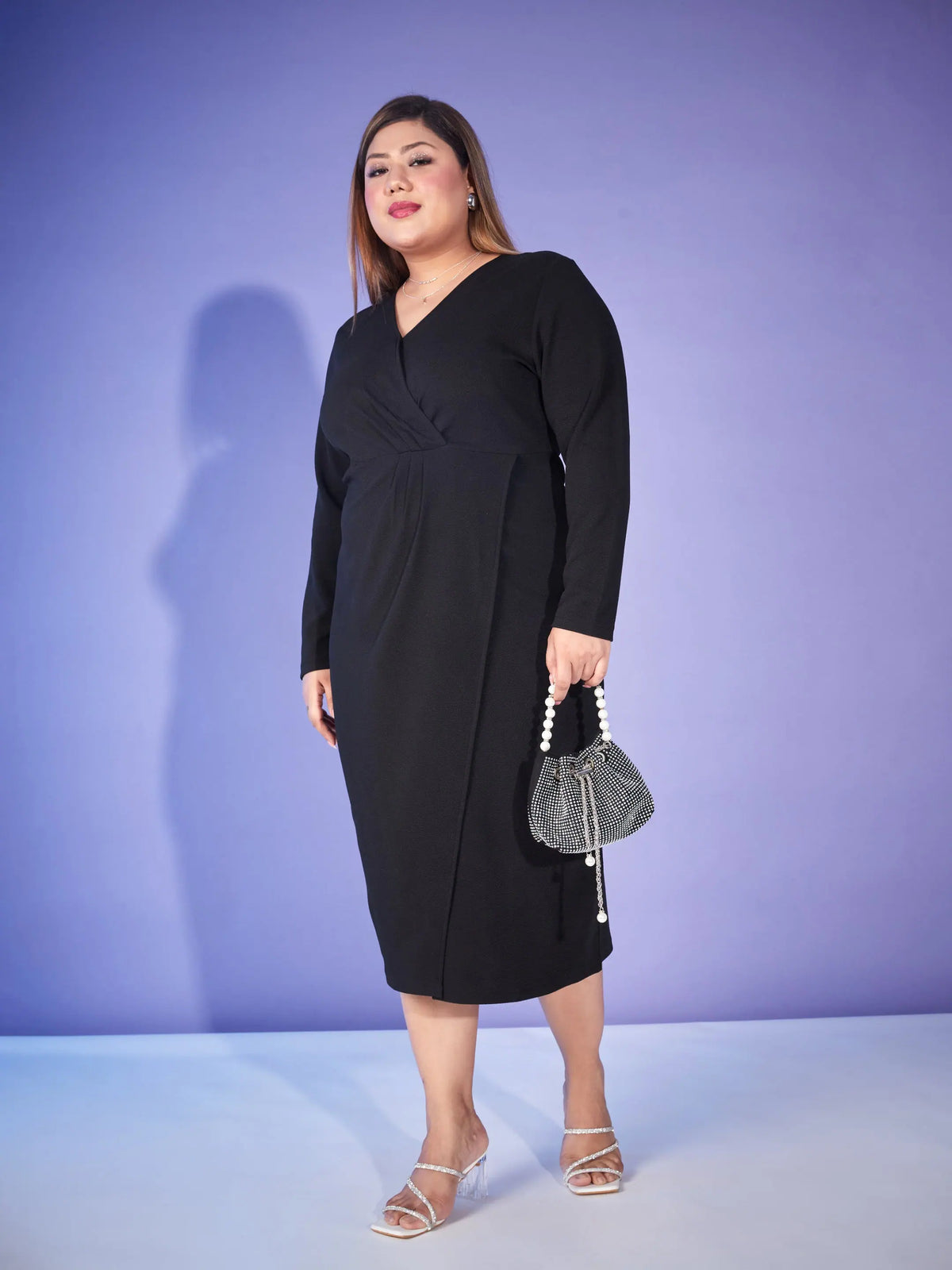 Women Black Front Wrap Bodycon Midi Dress-SFDRSS11463XXL