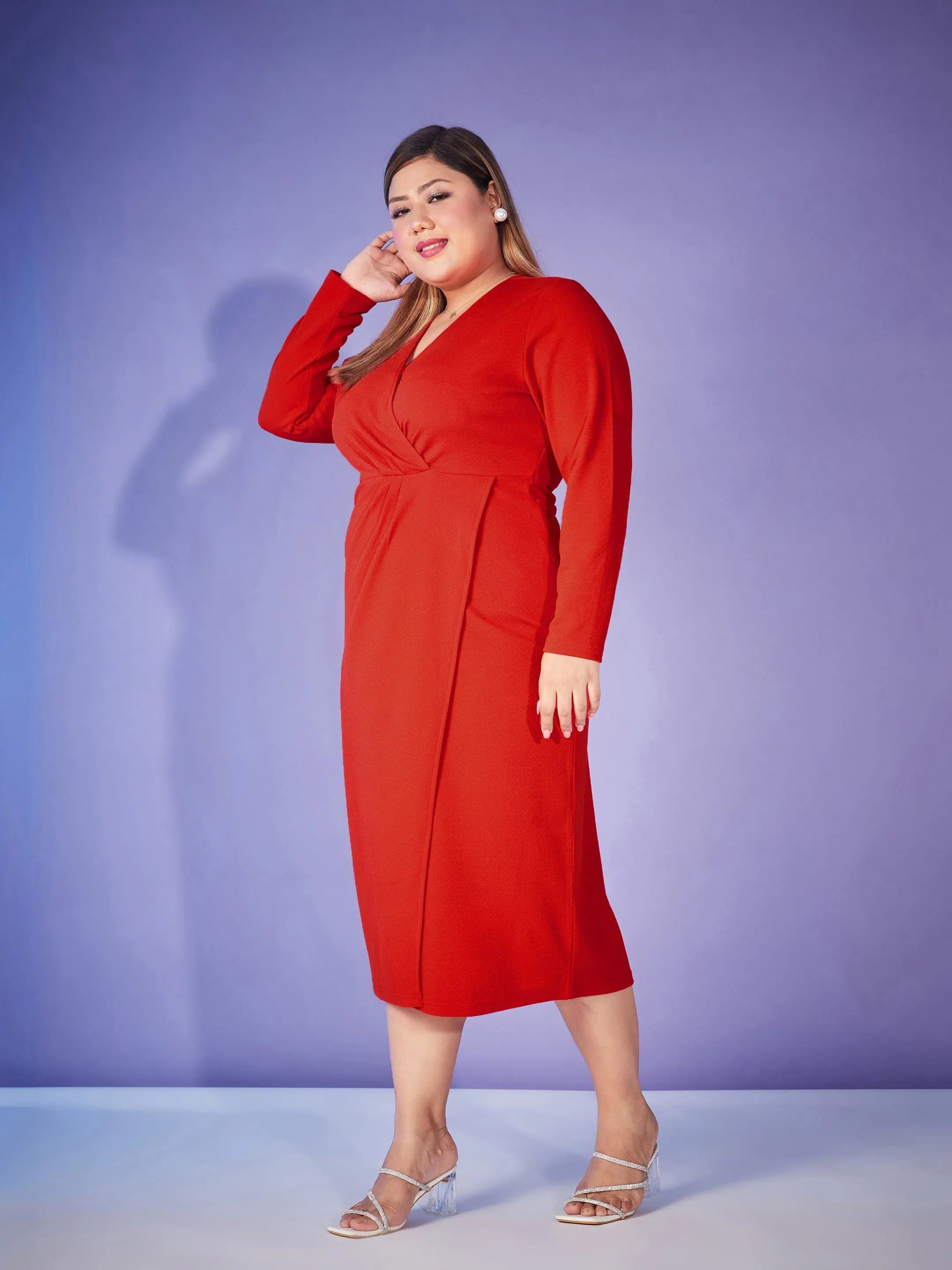 Red Bodycon Midi Dress | Front Wrap Women's Lehenga Choli Style