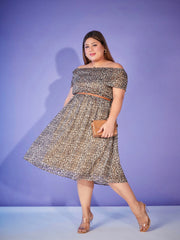 Women Beige Animal Print Off Shoulder Belted Dress
