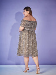 Women Beige Animal Print Off Shoulder Belted Dress