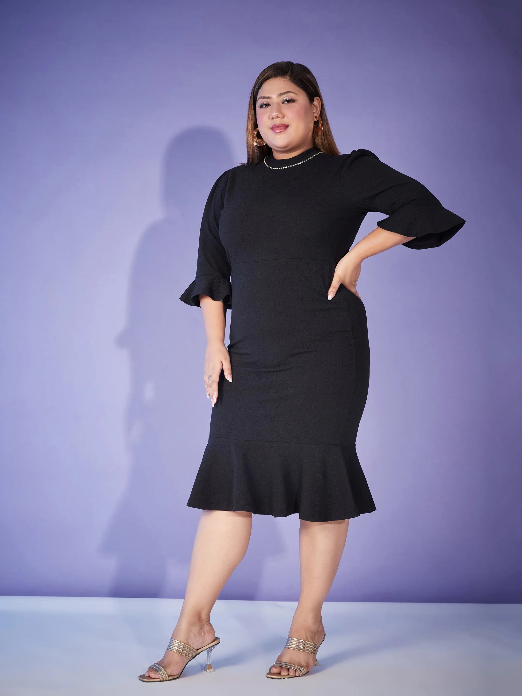 Black Diamante Neck Bodycon Dress | Women's Hem Frill Dress