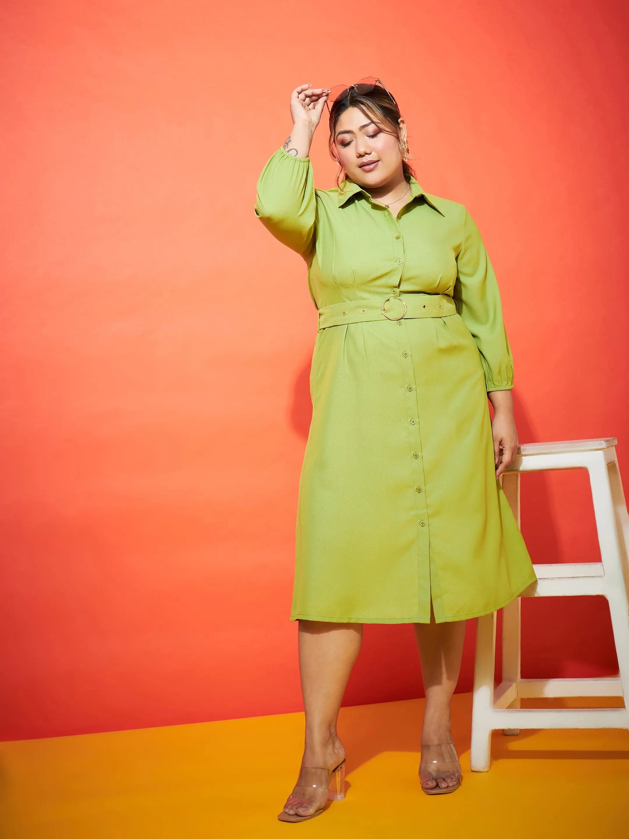 Green Button Shirt Dress | Midi Length Cotton Women's Dress